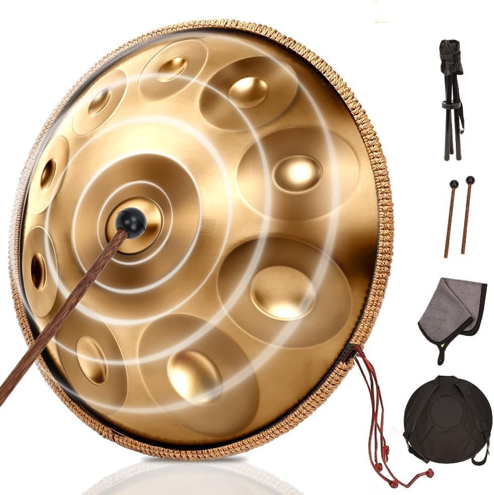 Handpan, 22 Inches Handpan Drum, D Minor 10 Notes Hand Drum, with Soft Handbag, 2 Drumsticks, Holder, Soft Cloth