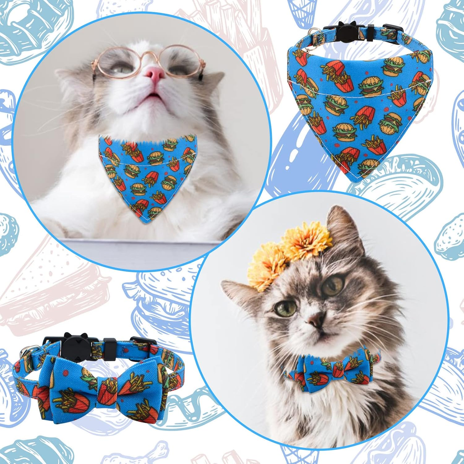 HACRAHO Bow Tie Cat Collar Bandana, Pack of 2 Adjustable Breakaway Cat Collar with Bow Tie and Bell, Removable Bow Tie Bandana for Kittens and Puppies, Hamburger Fries