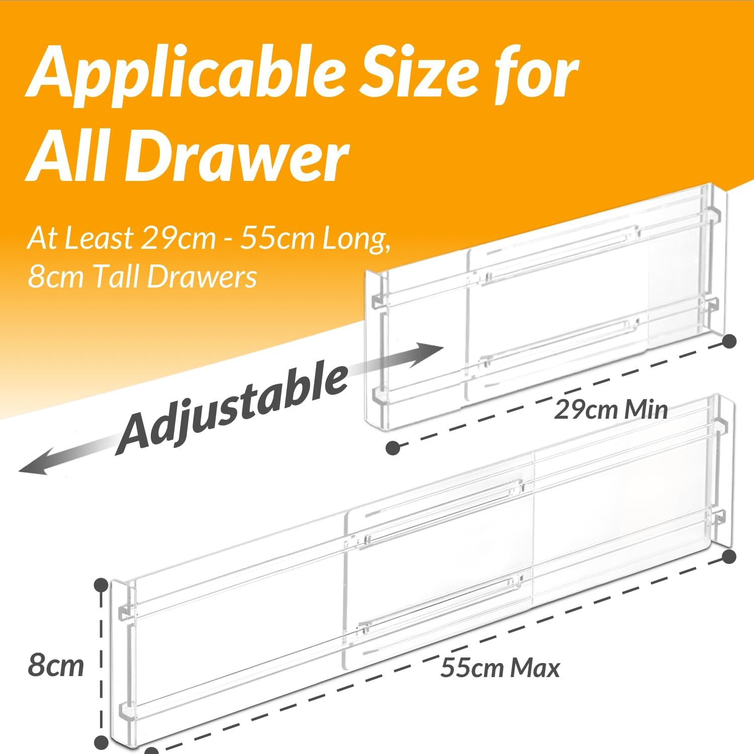 Hormes Drawer Dividers, 9 Pack Adjustable Clear Drawer Organisers, Expandable 29&ndash;55Cm and 8Cm High Drawers Separators for Bedroom Clothing, Kitchen Utensils, Bathroom & Office Organization and Storage image number 4