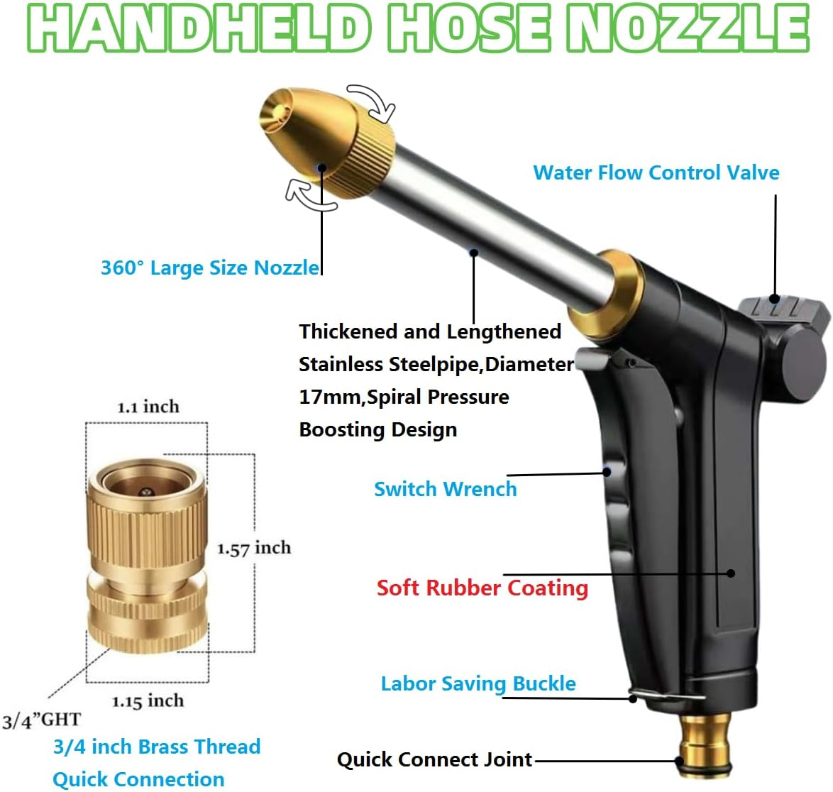 Garden Hose Nozzle,High Pressure Water Hose Nozzle Sprayer, 3/4 Extra-Strong Solid Brass Connectors for Garden Hose, for Watering Plants,Lawn& Garden,Washing Cars,Cleaning,Showering Pets & Outdoor Fun image number 1