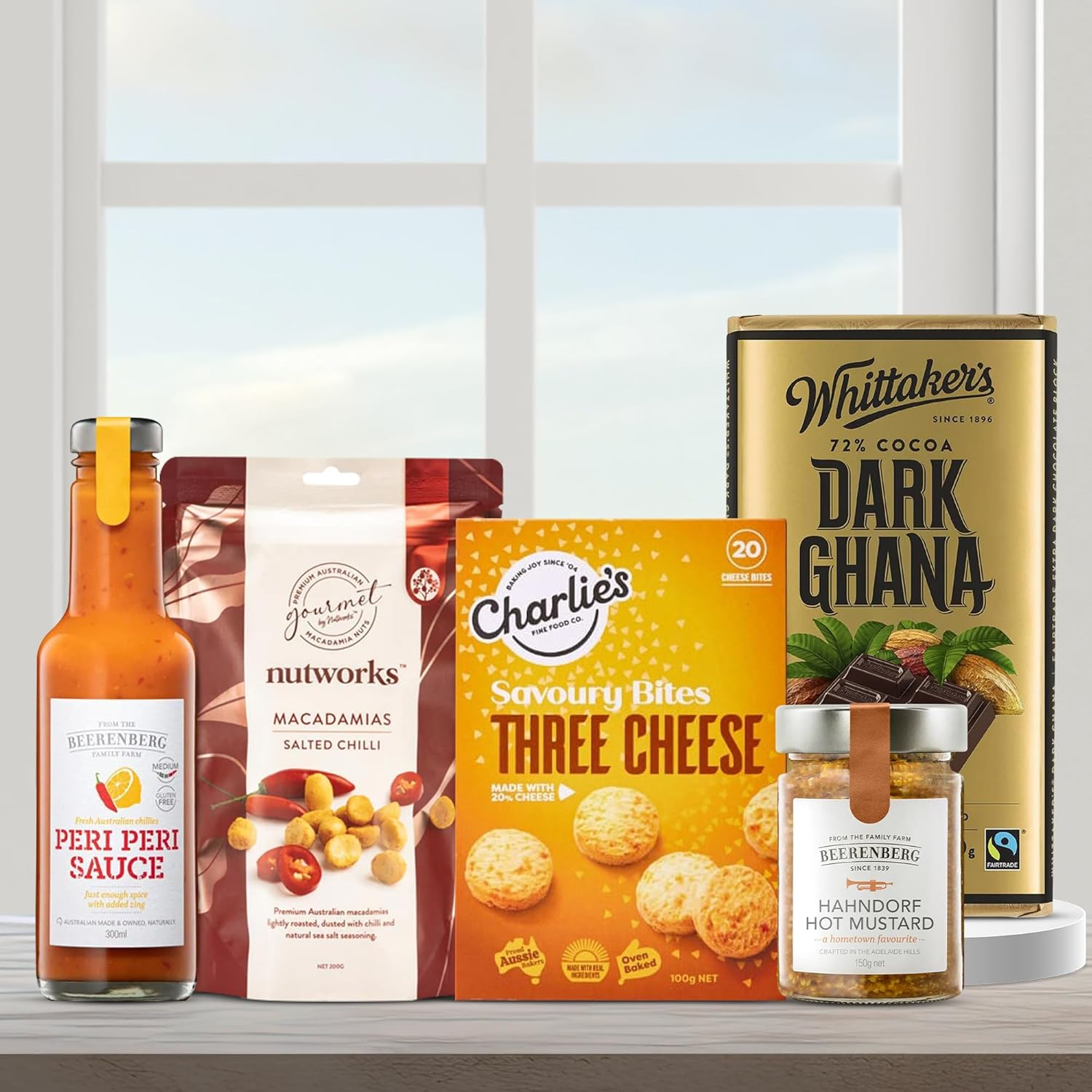 Gourmet Hamper, Luxury Gift Hamper with Hot Mustard, Peri Peri Sauce, Cheese Bites, Salted Chilli Macadamias, and Dark Chocolate image number 3