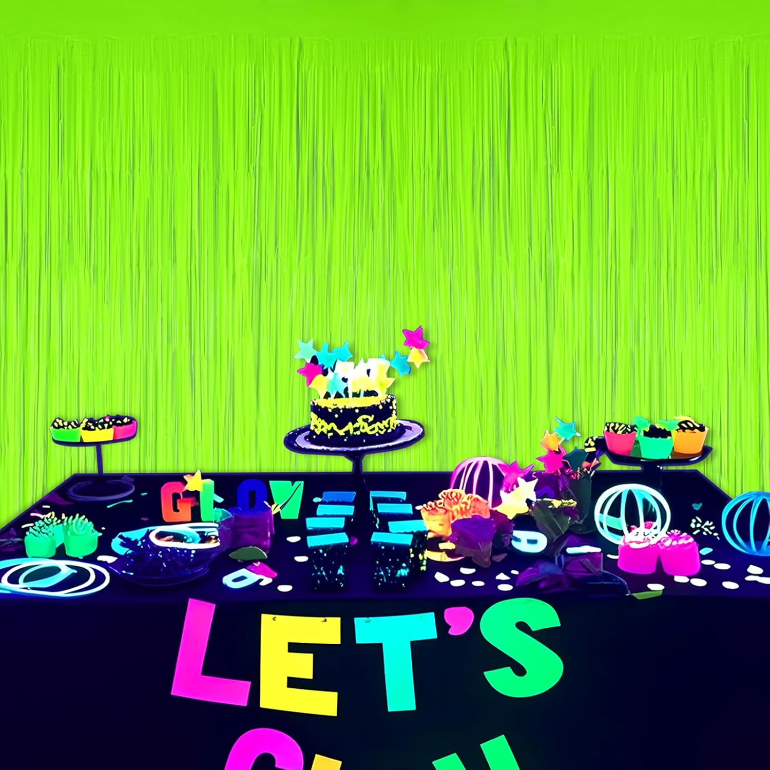 Mega-L Glow in the Dark Party Supplies, 2 Pack Neon Party Decorations 6.6 X 6.6 Ft Fluorescent Macaron Yellow Tinsel Foil Fringe Curtains, Photo Booth Prop Backdrop Streamer, Blacklight Decorations image number 4