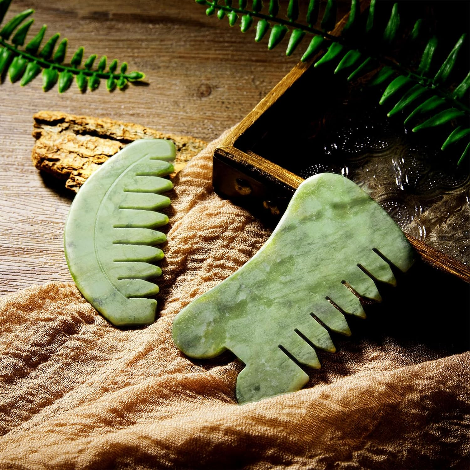 BBTO 2 Pcs Jade Comb for Scalp Massage Gua Sha Comb for Head Body Spa Hair Multifunctional Handheld Massage Tools(Round, Classic Style) image number 2