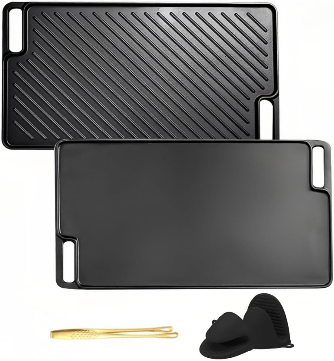 Cast Iron Reversible Grill Plate, Double-Sided Griddle Pan with Tongs & Gloves, Rectangular Grilling Pan for Stove Tops, Gas Grills, Outdoor Cooking, 46&times;25Cm