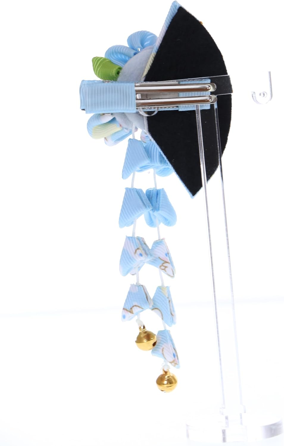 C-120-4 Blue Handmade Fan Shape Sakura Cherry Blossom Fabric Flowers Tassels Hair Clip Hair Clip Hair Clip Japan Geisha Kimono Accessory image number 5