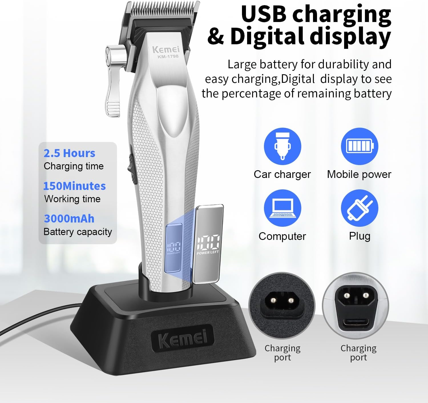 KEMEI KM-1798 Professional Hair Clipper for Men, Cordless Beard Trimmer, Barber Clippers with USB Rechargeable, Edgers, Fade Clipper, Gift for Men image number 4