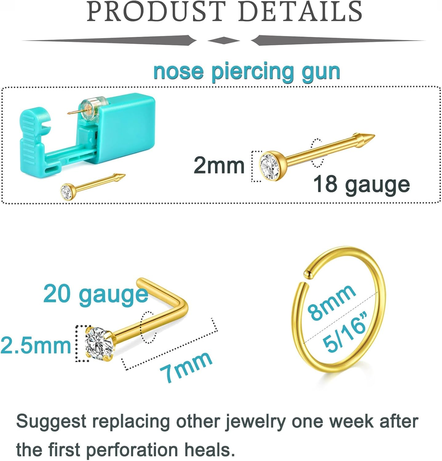 QWALIT Nose Piercing Kit Nose Ring Piercing Kit Self Nose Piercing Kit at Home Silver Black Gold Nose Piercing Kit with Nose Rings Disposable Nose Piercing Gun Kit image number 1