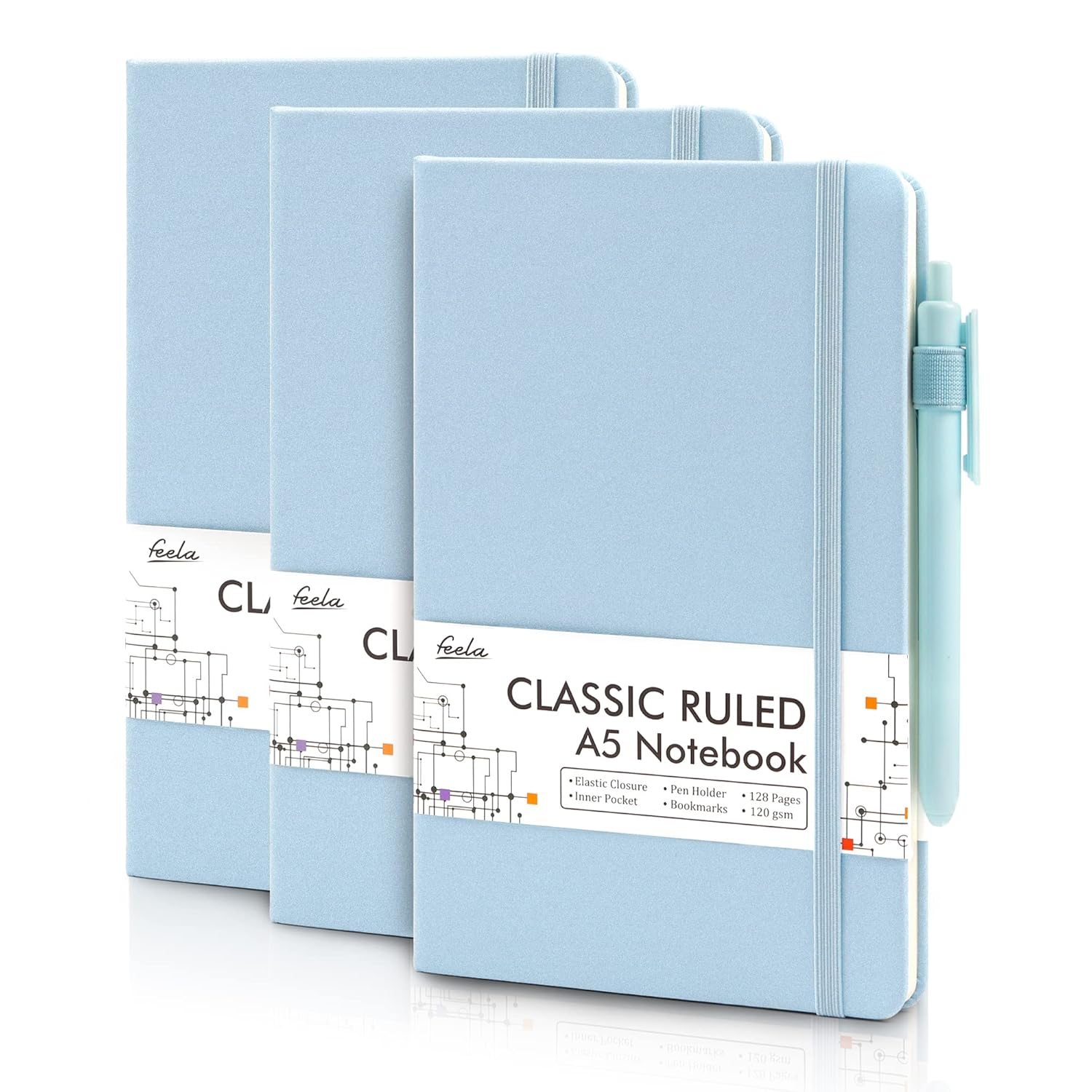 Feela 3 Pack Notebook Journals Bulk, Hardcover Notebooks Classic Ruled Lined Journals with Pen Holder for Women Girls School Business Supplies, with 3 Black Pens, 120 GSM, 5.1&rdquo;X8.3&rdquo;, A5, Light Blue image number 2