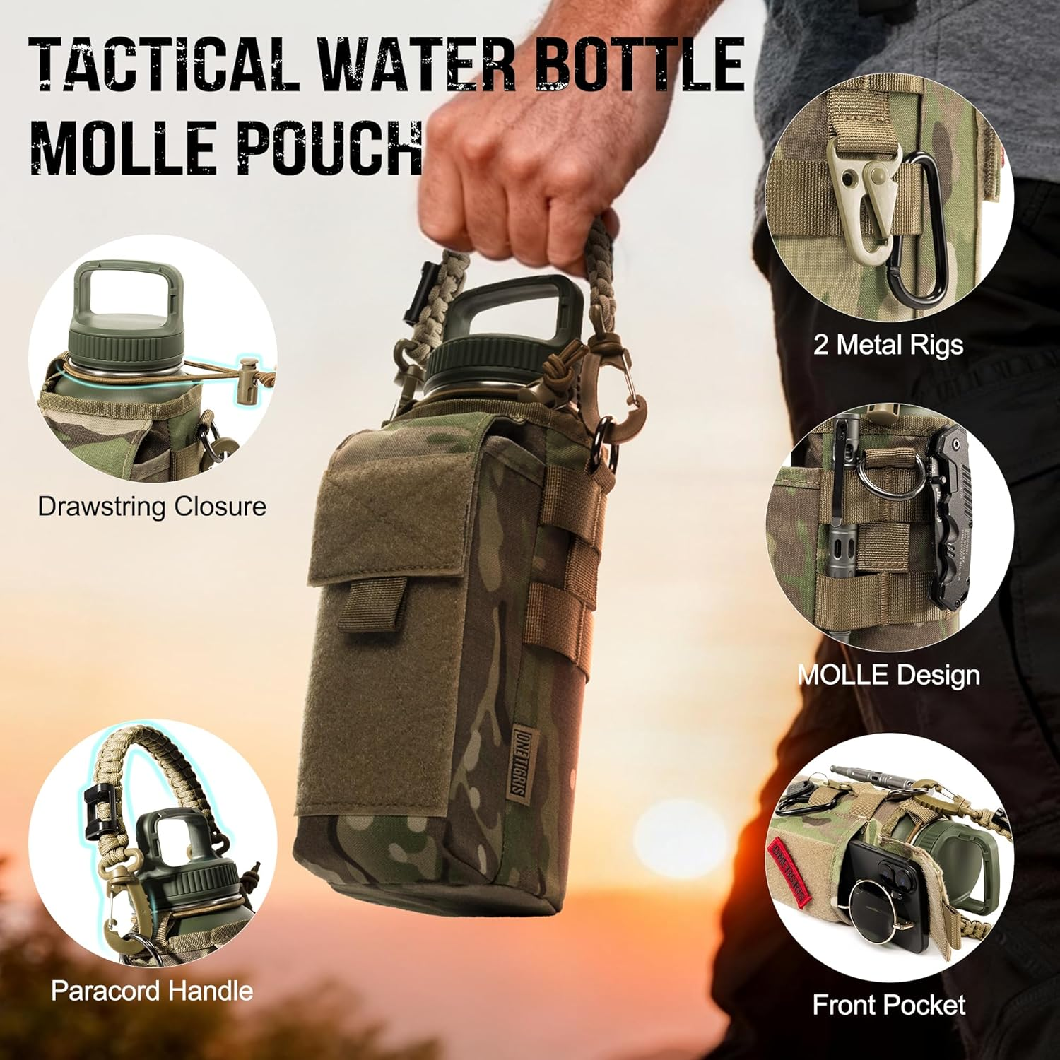 Onetigris Tactical Molle Water Bottle Holder 16-32 Oz - Multi-Function Carrier Bag with Phone Pocket & Paracord Handle for Hiking Gym Camping