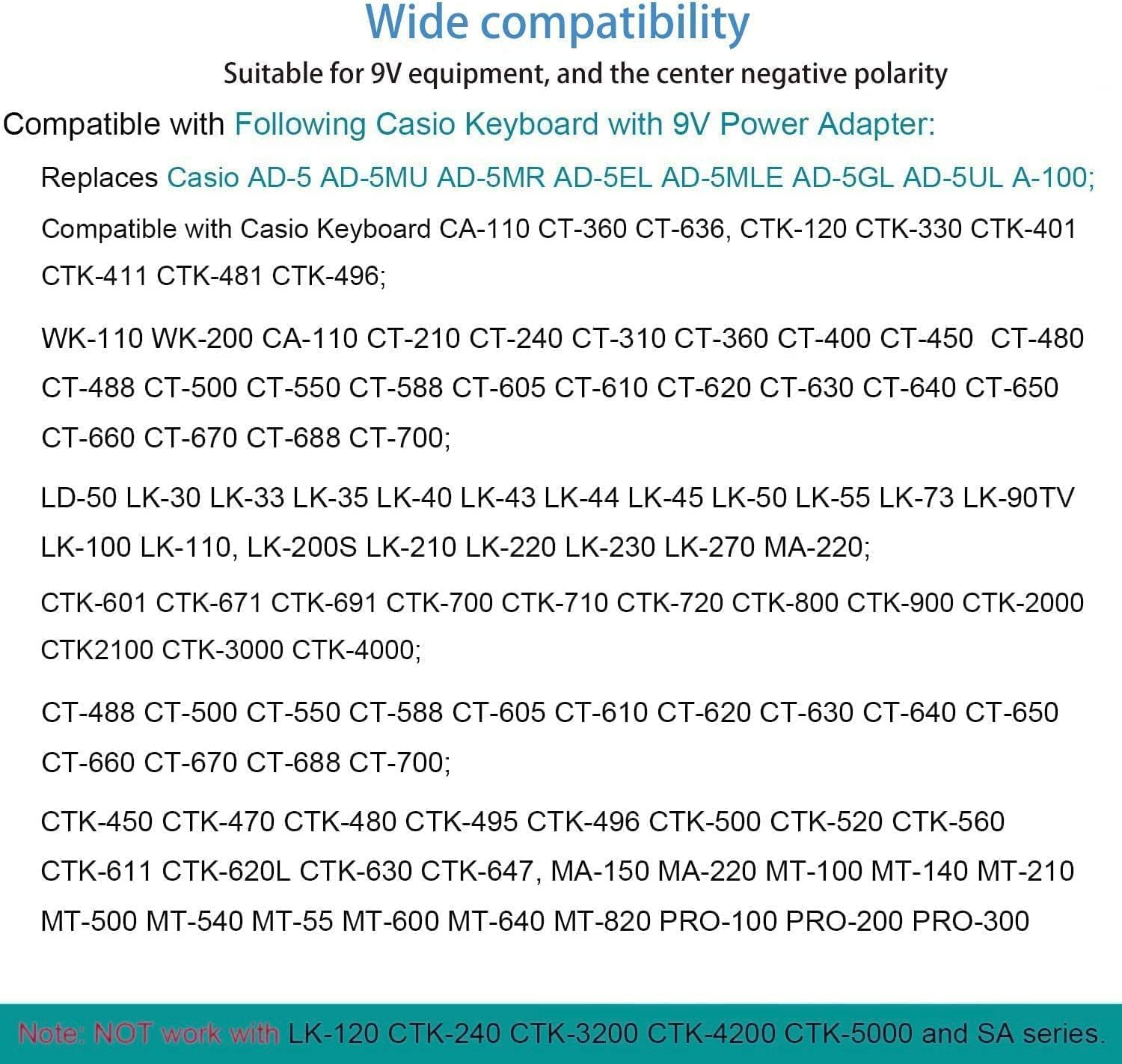 9V Adapter for Casio CTK-700 CTK-800 CTK-900 CTK-2000 CTK2100 Keyboard Wall Charger Power Supply Cord image number 1
