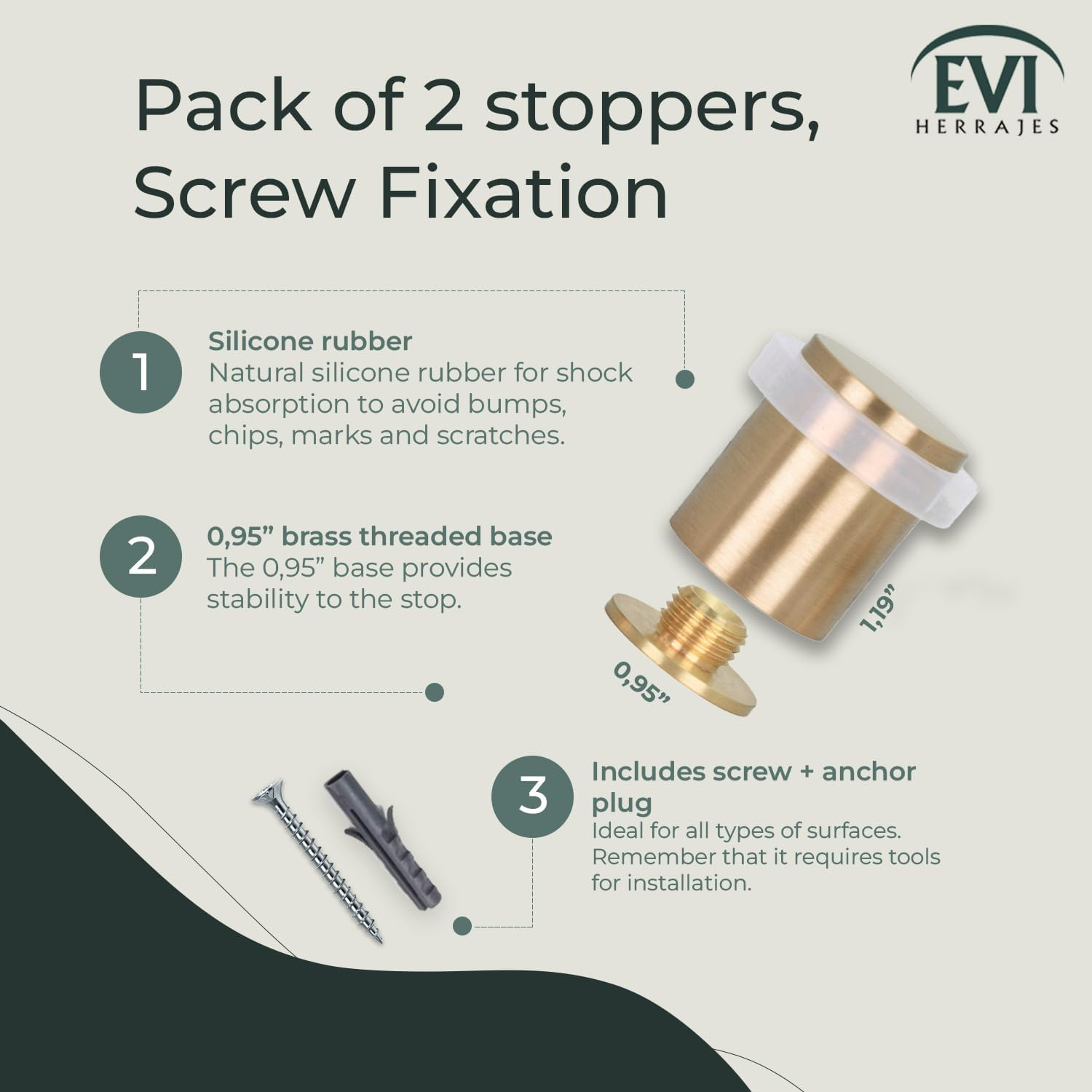 EVI Herrajes | Heavy Duty Door Stoppers | &Oslash;24X30Mm | Floor Mounted | Brass Matte Finish | Protection Rubber | Mod I-180 image number 5