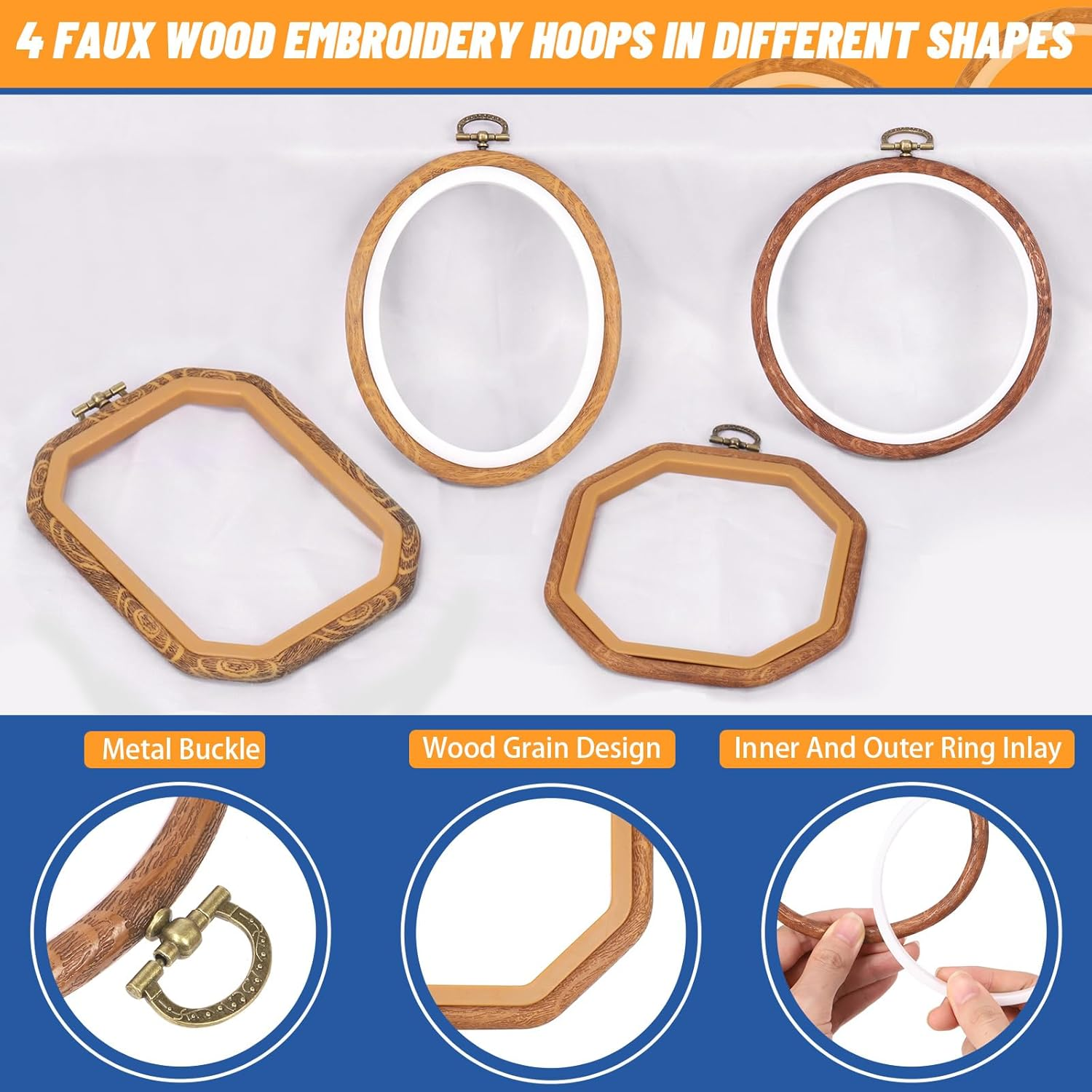 Glarks 4Pcs Embroidery Hoops Set Imitated Wood Display Frame, Circle/Oval/Octagon Reusable Cross Stitch Hoop Ring Ideal for Art Craft DIY Sewing and Hanging Ornaments Decor image number 2