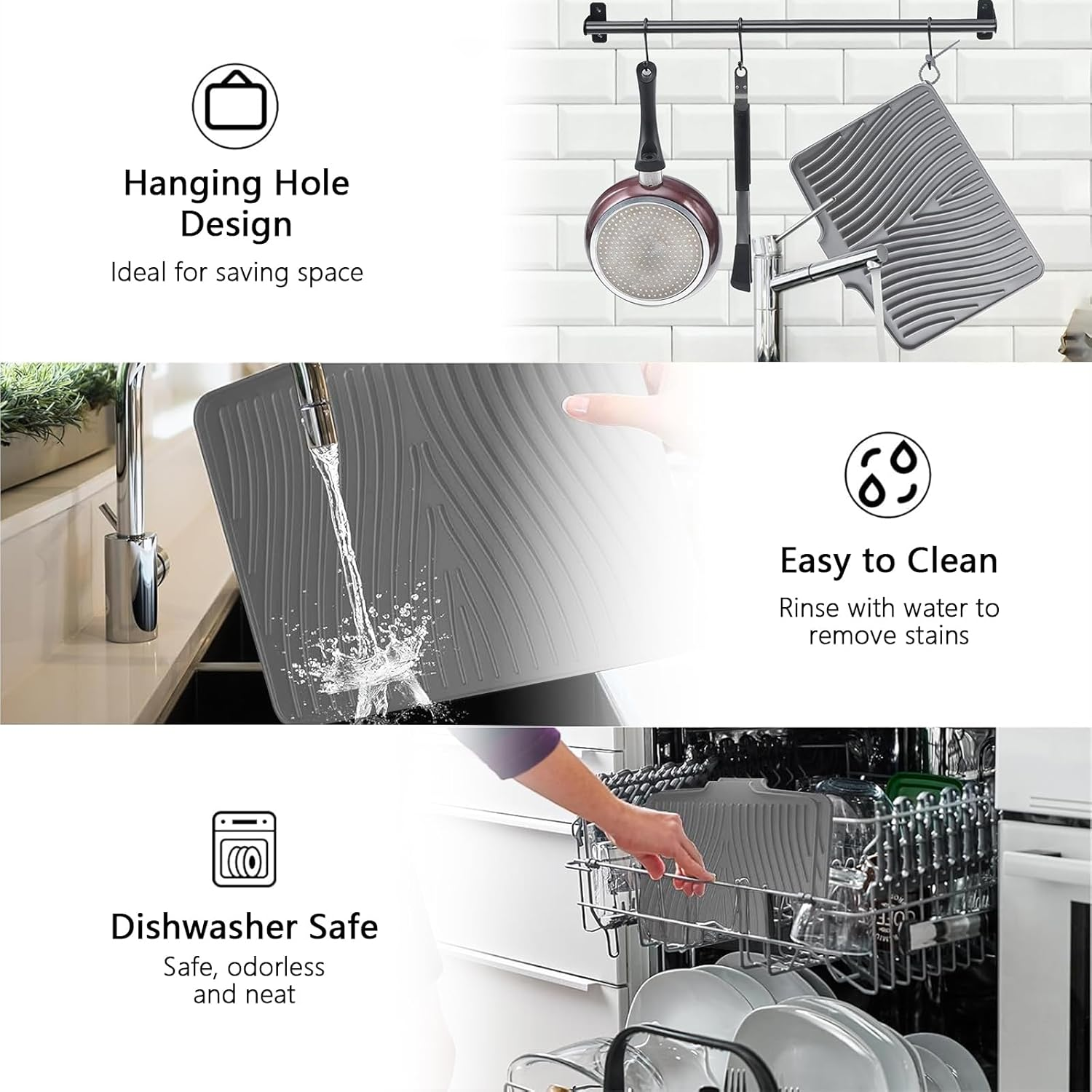 Silicone Dish Drying Mat,Foldable Sloped Silicone Draining Mat with Drain Lip for Kitchen Counter,Multifunctional Non-Slip Drain Pad,Heat-Proof Sturdy Compact Easy to Clean Tray(Grey)