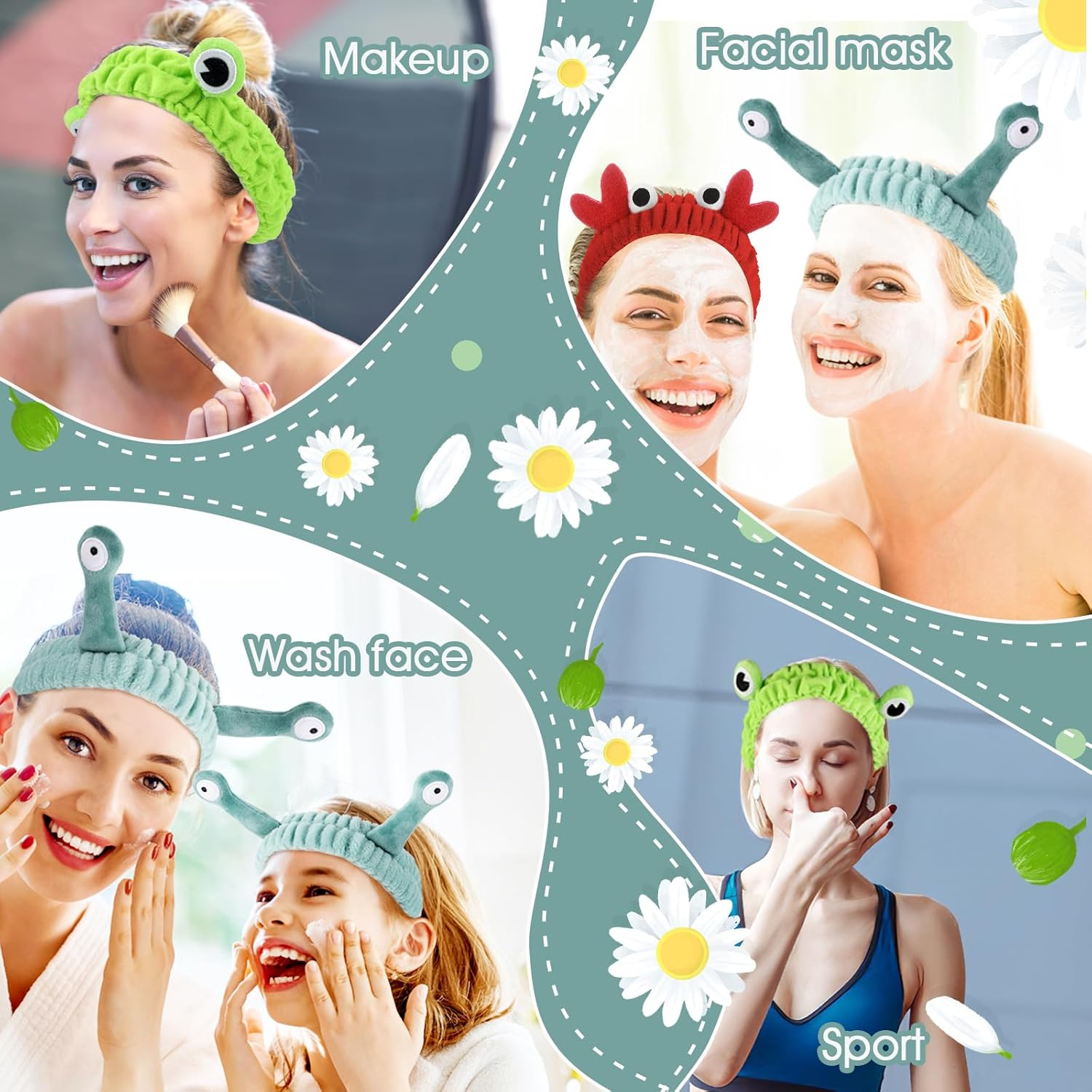 3PCS Face Wash Headband Snail Frog Crab Spa Hair Bands Women Soft Cute Cartoon Coral Fleece Elastic Headband Head Wraps for Face Wash Makeup Beauty Skincare Sport Shower Creative Hair Accessories