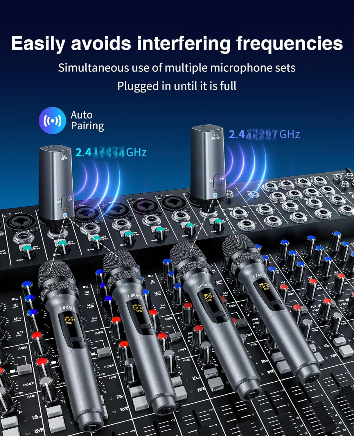 Wireless Microphone, LEKATO Rechargeable Wireless Microphone Metal Dual Handheld Dynamic Mic with Rechargeable Receiver, 1/4'' Plug for AMP, PA System, Karaoke, Singing, Party, Church, Wedding image number 4