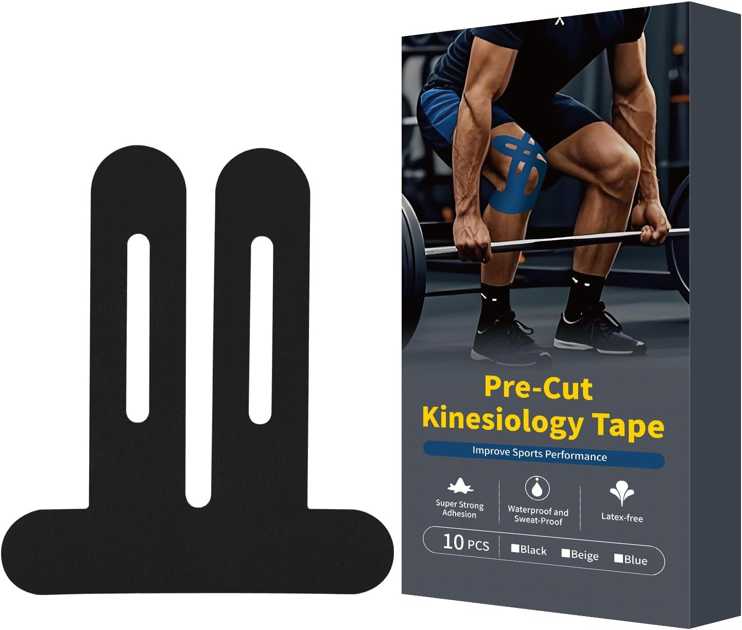10 Pack Kinesiology Tape for Knee Support, Pre-Cut Kinesiology Tape for Knee Stability & Pain Relief, Waterproof Sports Tape, Hypoallergenic Breathable for Men & Women (Black)