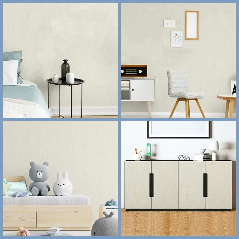 Arthome 40X310Cm Cream Faux Grasscloth Self Adhesive Wallpaper Waterproof Gloss PVC Vinyl, Oil Proof, Vinyl Paper for Furniture Cover Surface,Kitchen,Shelf Liner