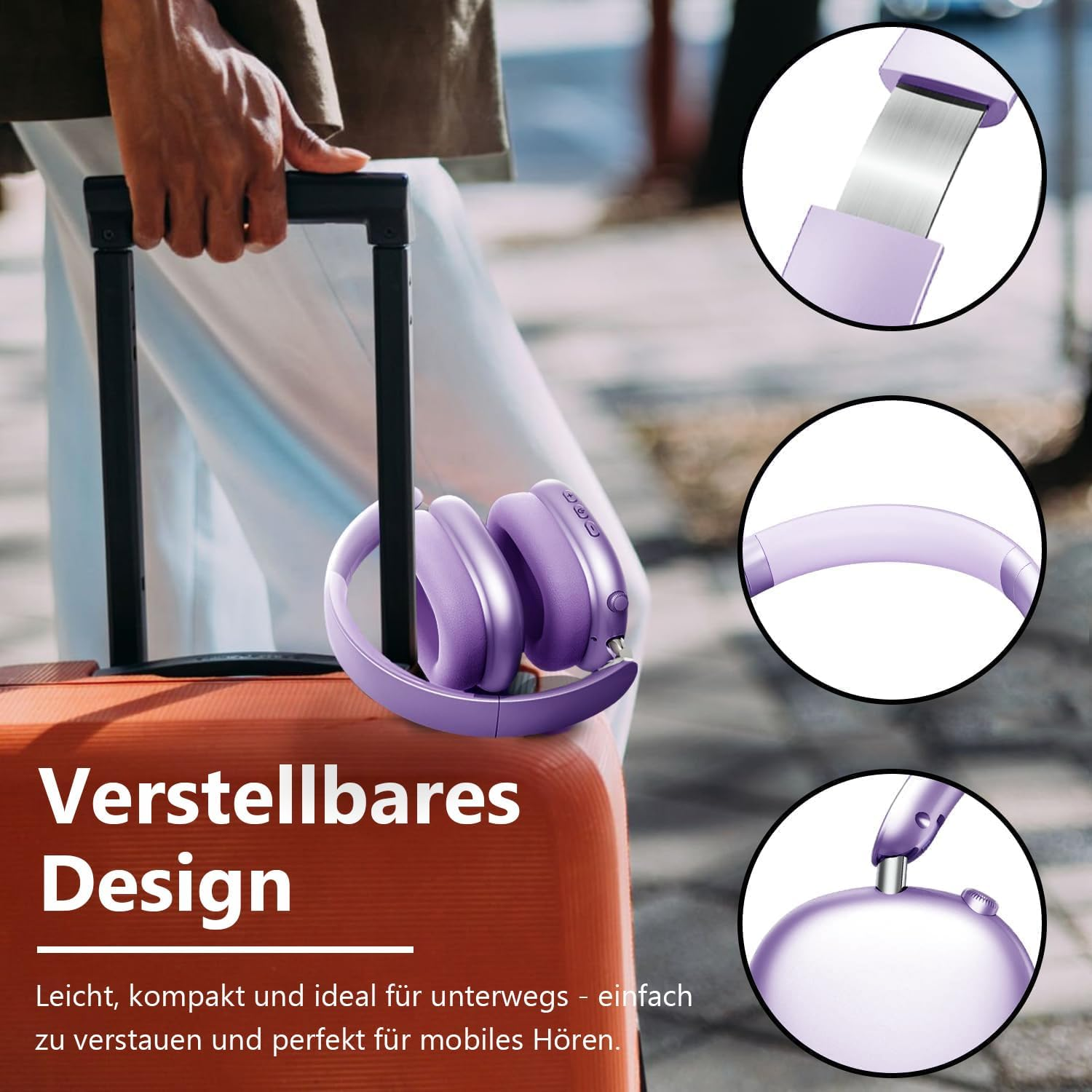 Wentronic Y01 Noise Cancelling Headphones, Wireless Over-Ear Headphones, Bluetooth 5.3, Hi-Res Sound, 48H Playback, Foldable with Microphone for Ios/Android/Pc - Purple image number 2