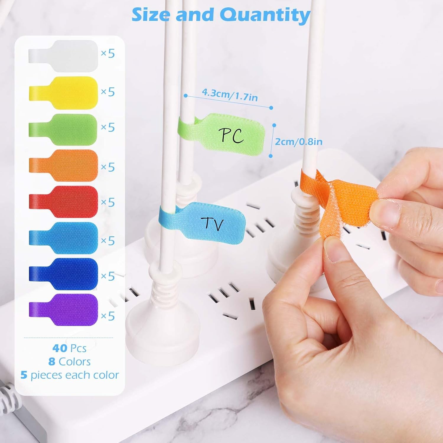 40 Pcs Cable Cord Labels, Hianjoo Self Adhesive Cable Tags Colorful Wire Identification Label Reusable Write-On Name Tags for Organizing Wires 8 Colors Multiple Uses image number 1