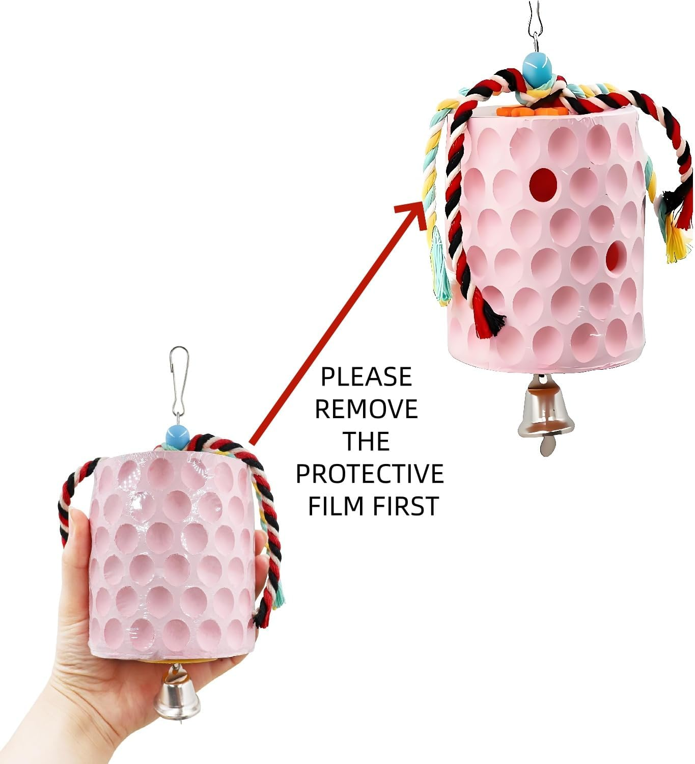 Large Chicken Chewing Toy with Bells, Calcium Stone for Beak Grinding, Cage Toys for Cockatiel Parakeet Parrot Budgies, Chicken Coop Accessories for Hamster Rabbit Bunny Rat (Pink) - Blue image number 6