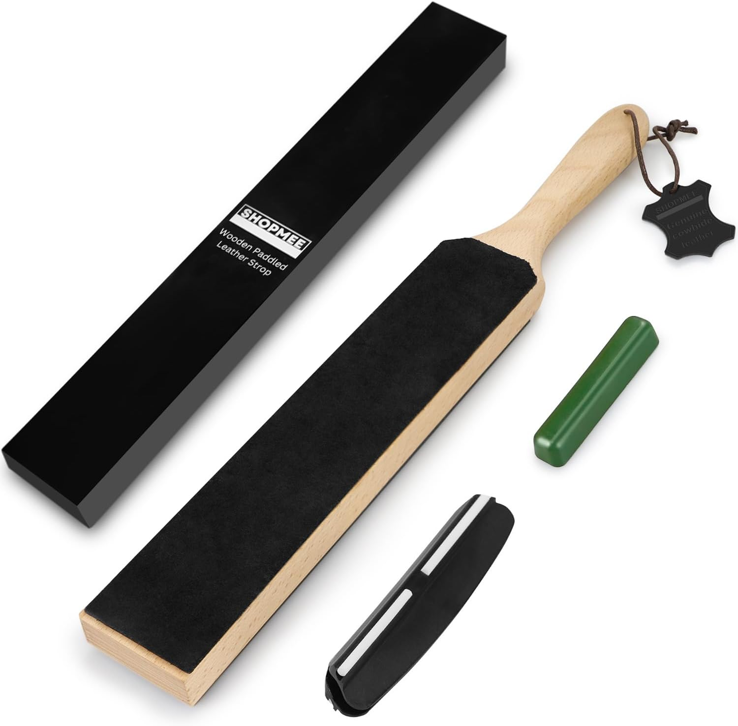 Necomi Double-Sided Leather Strop (Genuine Cowhide)- 14.6 ''X 2'' Sharpening Block Set with Polish & Clip, Stropping Leather Knife Sharpener with Ergonomic Handle, Stropping Kit image number 4