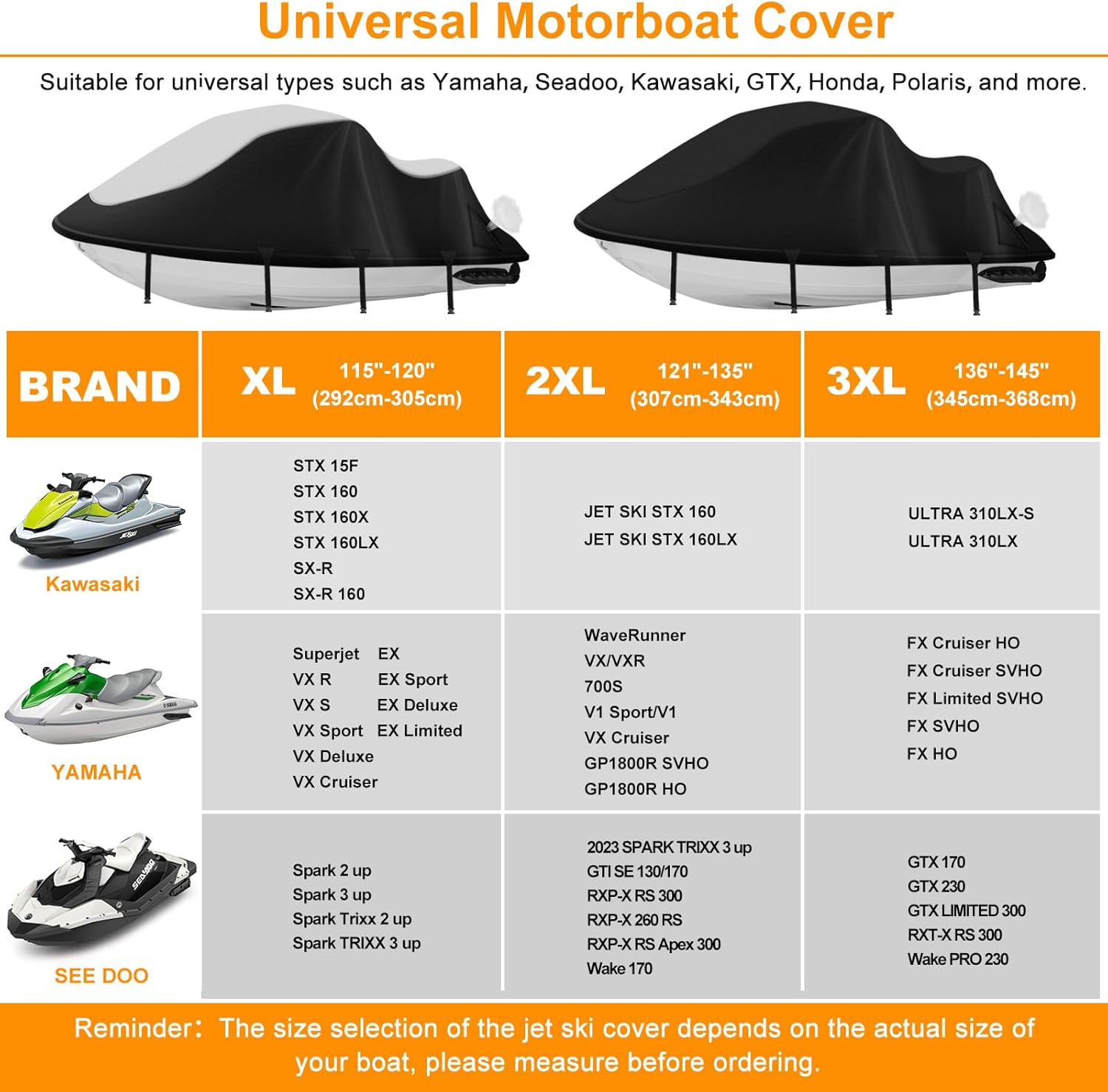 Jet Ski Covers,Upgraded 900D Waverunner Cover Waterproof,Durable Jet Ski Cover 3 Seater with 2 Air Vents，4 Windproof Buckles，Easy on Universal Cover for Seadoo Spark(Silver-Black, XXL:121"-135") image number 1