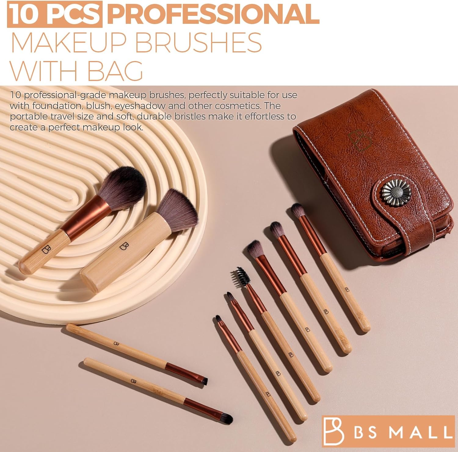 BS-MALL 10 Pcs Professional Bamboo Makeup Brush Set - Travel-Friendly Eyeshadow Brush, Concealer Brush & Foundation Brush for Liquid Makeup - Lightweight Multi-Purpose Daily Use with Makeup Bag image number 2