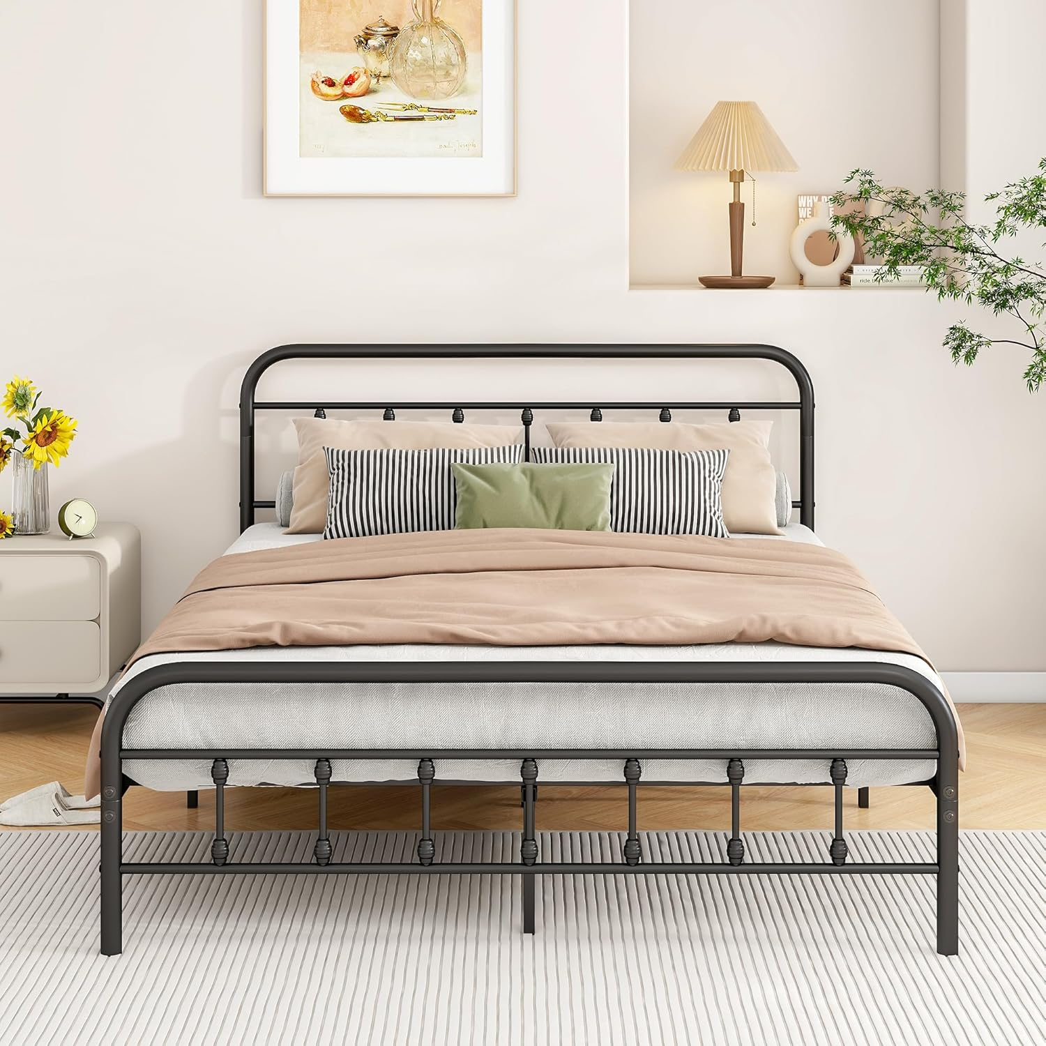 Vintage Queen Size Bed Frame with Headboard and Footboard, Queen Bed Base with Heavy Duty Metal Platform Bed Frame Steel Slat Support (Queen, Black Sanded) image number 5