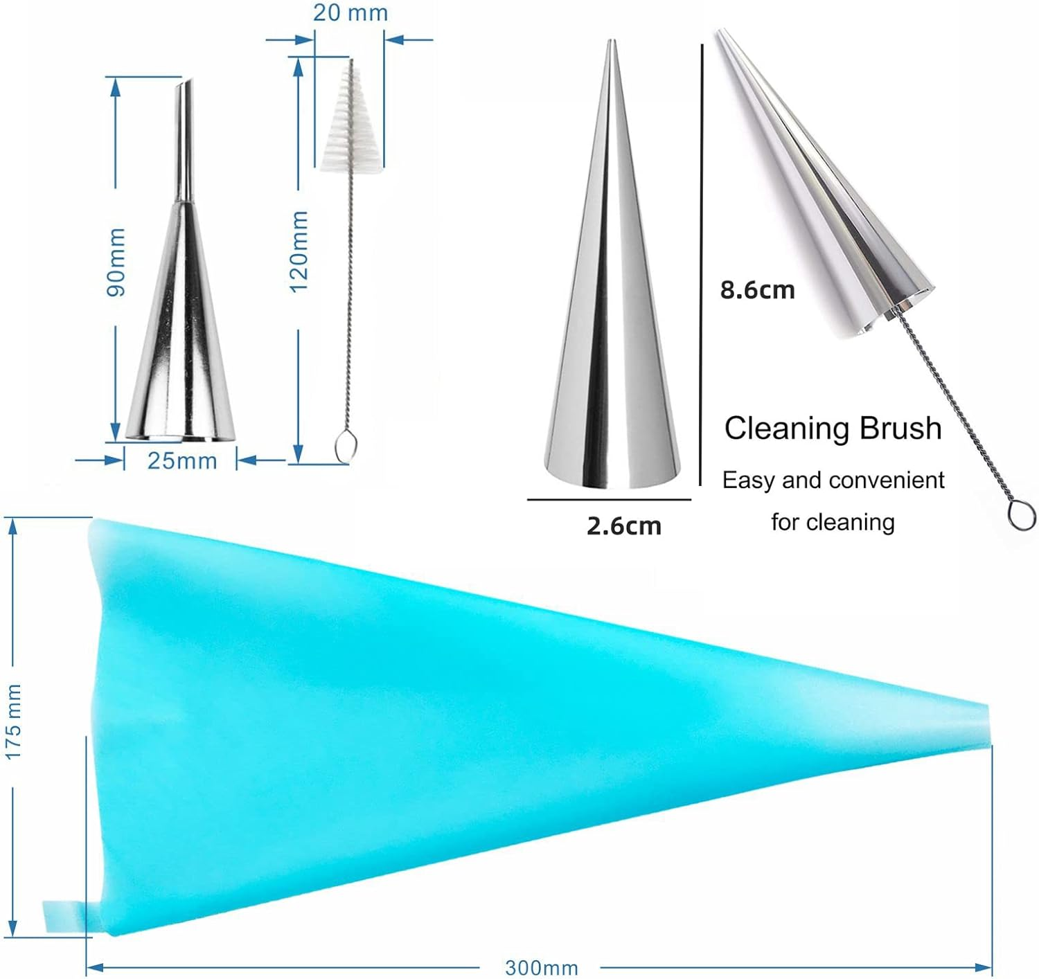 Joyeee 16 Pack Stainless Steel Cream Horn Molds Mini, with Piping Bags Reusable, Cream Icing Piping Nozzle Tip Long and Cleaning Nozzle Brush Baking Accessories Decorating Tool, 3.4 Inch - 09 10Pcs Large Cone + 10Pcs Large Cubes image number 2