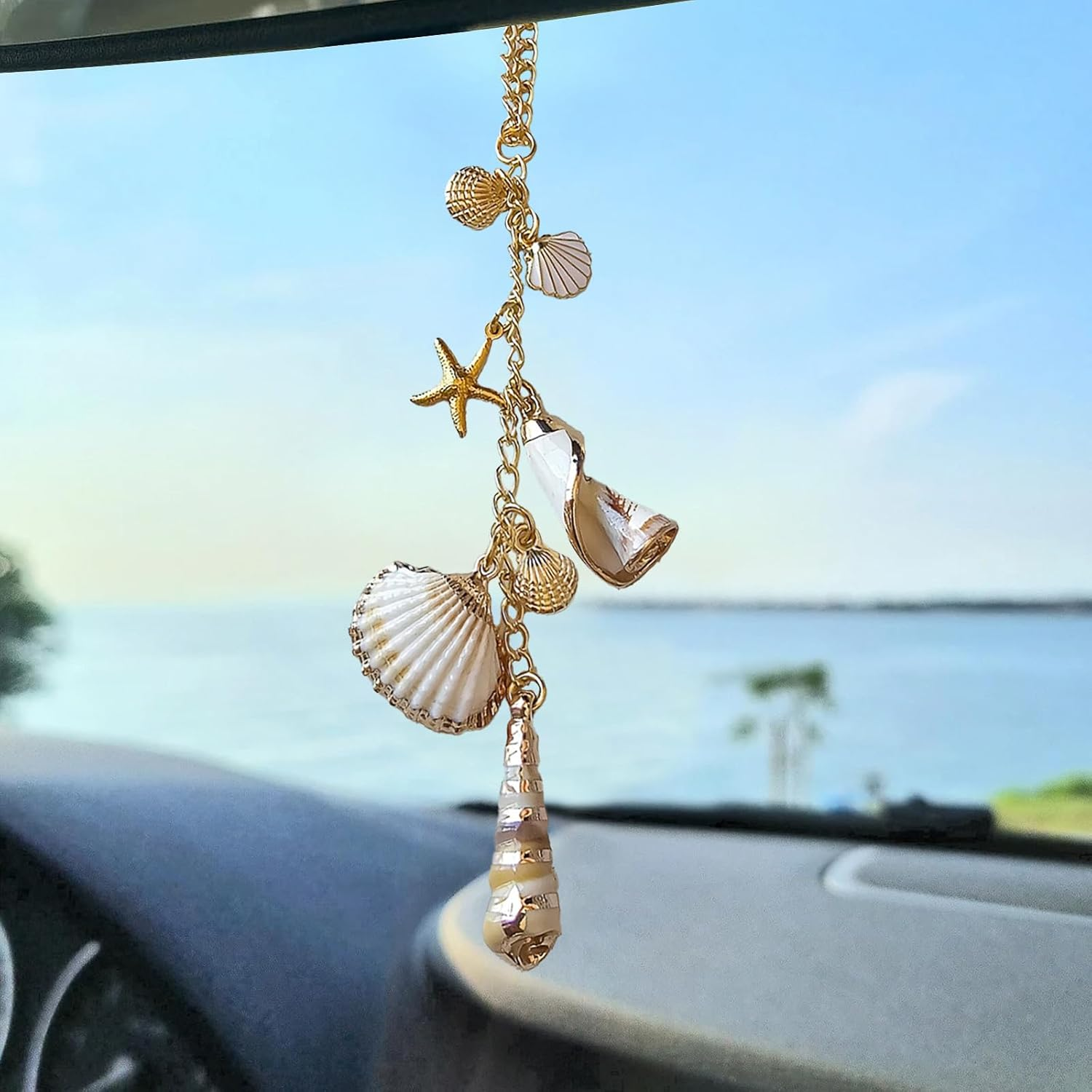 Sea Shells Car Decor,Cute Coastal Hanging Charm for Rear View Mirror, Boho Beach Themed Car Accessories,Hand-Made Starfish Conchas Aesthetic Ornament Pendant for Women