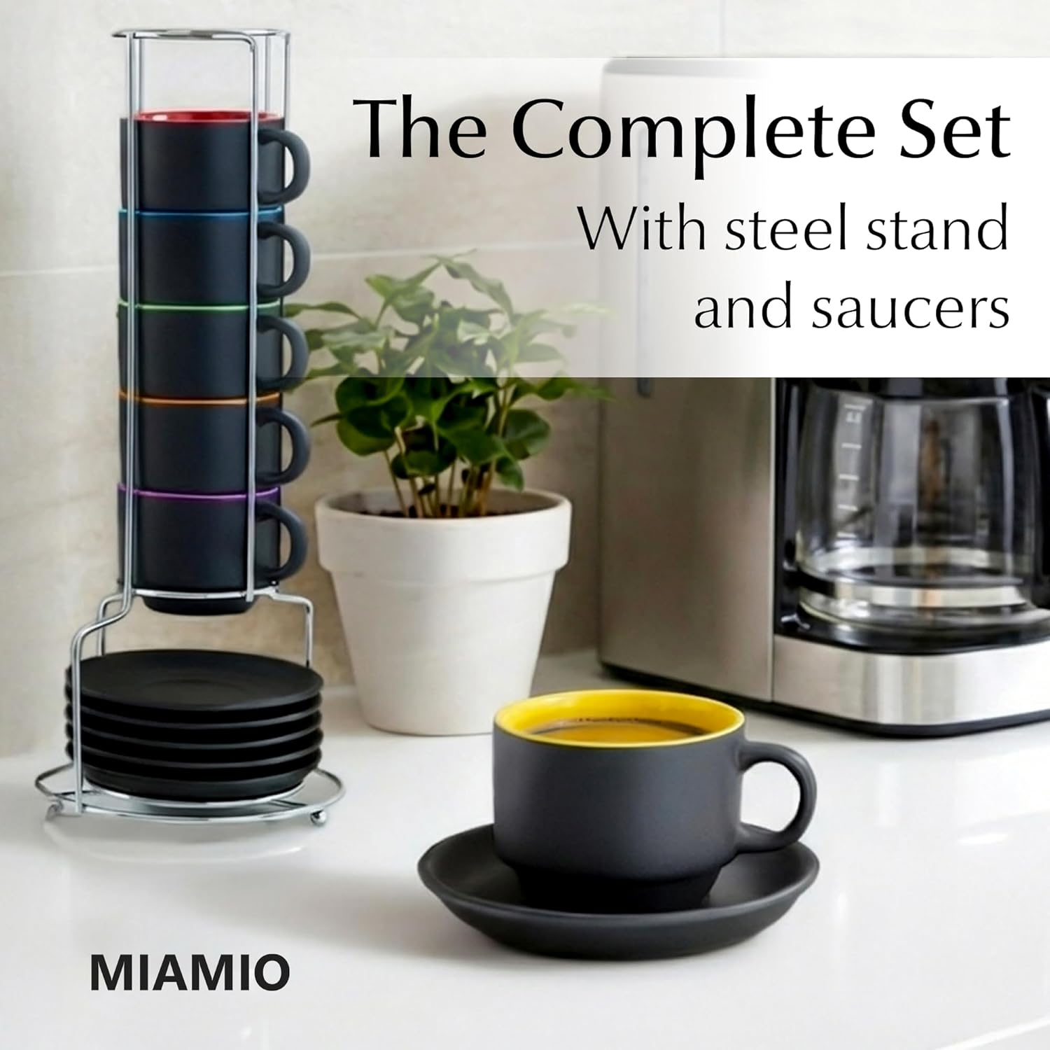 MIAMIO - 75 Ml Espresso Cup Set with Saucers Coffee Mug Set of 6 - Ceramic Coffee Mug Stackable Espresso Mug with Stand for Coffee Drinks, Latte, Cafe Mocha - Le Papillon Collection (Colorful)