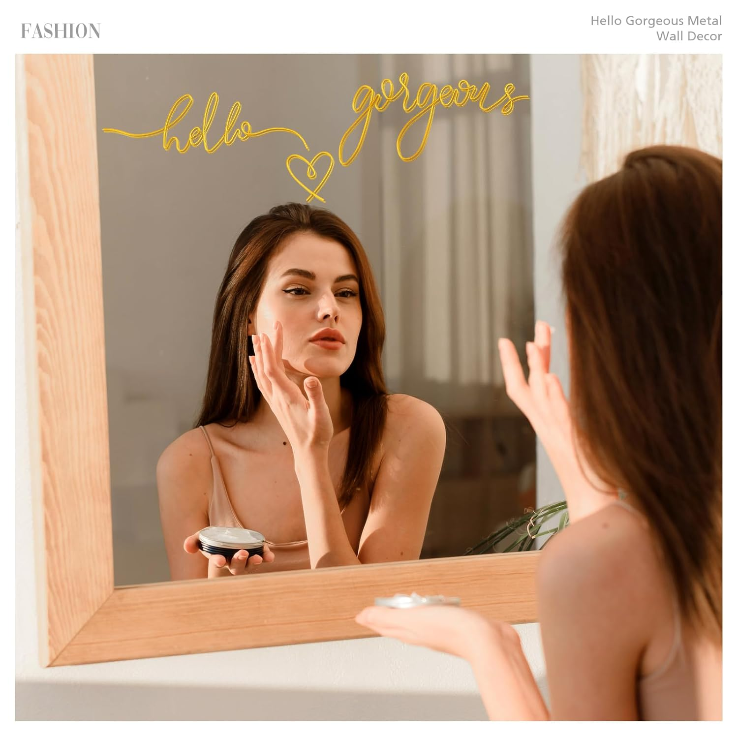 Hicarer Hello Gorgeous Metal Wall Art Decor Minimalist Decoration Metal Hello Gorgeous Decorative Sign for Living Room Office Bedroom Hotel Home Wall Decoration(Gold) - Gold image number 4