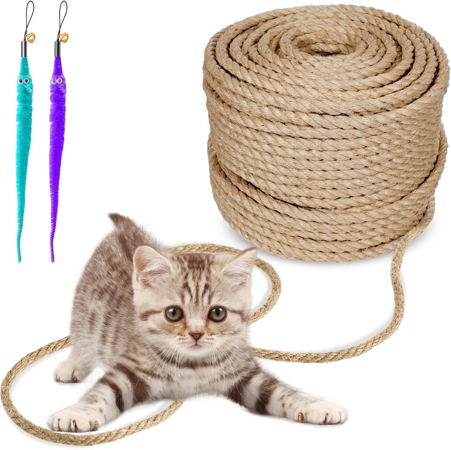 Sisal Rope for Cats, Scratching Post, 10 M X 9 Mm, Natural Sisal Rope for Cats with 2 Cat Toys, High-Quality Rope for Scratching Post Replacement, Cat Accessories, Crafts, Decorating Homes, DIY image number 3