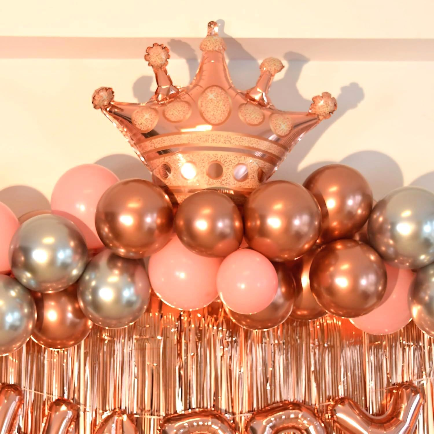 Rose Gold Birthday Decorations for Women, Girls Princess Happy Birthday Party Banner Pink Gold Bachelor Party Balloon with Fringe Curtain, Hearts, Wine Glasses, Crown , Love Aluminum Balloon image number 5