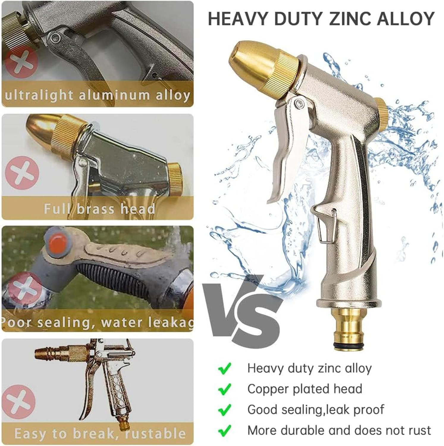 Garden Hose Spray Gun with Full Brass Nozzle, Heavy Duty Metal Water Gun, High Pressure Spray Nozzle Hose Spray Gun for Car & Pet Washing, Plants Watering, Lawn and Garden Cleaning image number 3