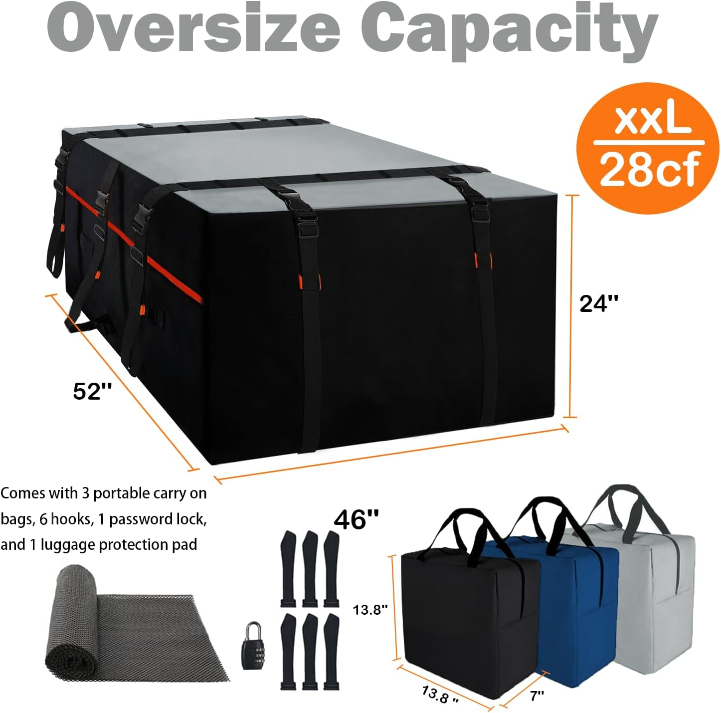 XXL 28 Cuft Car Rooftop Cargo Carrier Bag Extra Waterproof Car Roof Storage with 10 Heavy Duty Tie down Straps and 6 Hooks Roof Bag Cargo Carrier for Top of Vehicle With/Without Rack image number 4