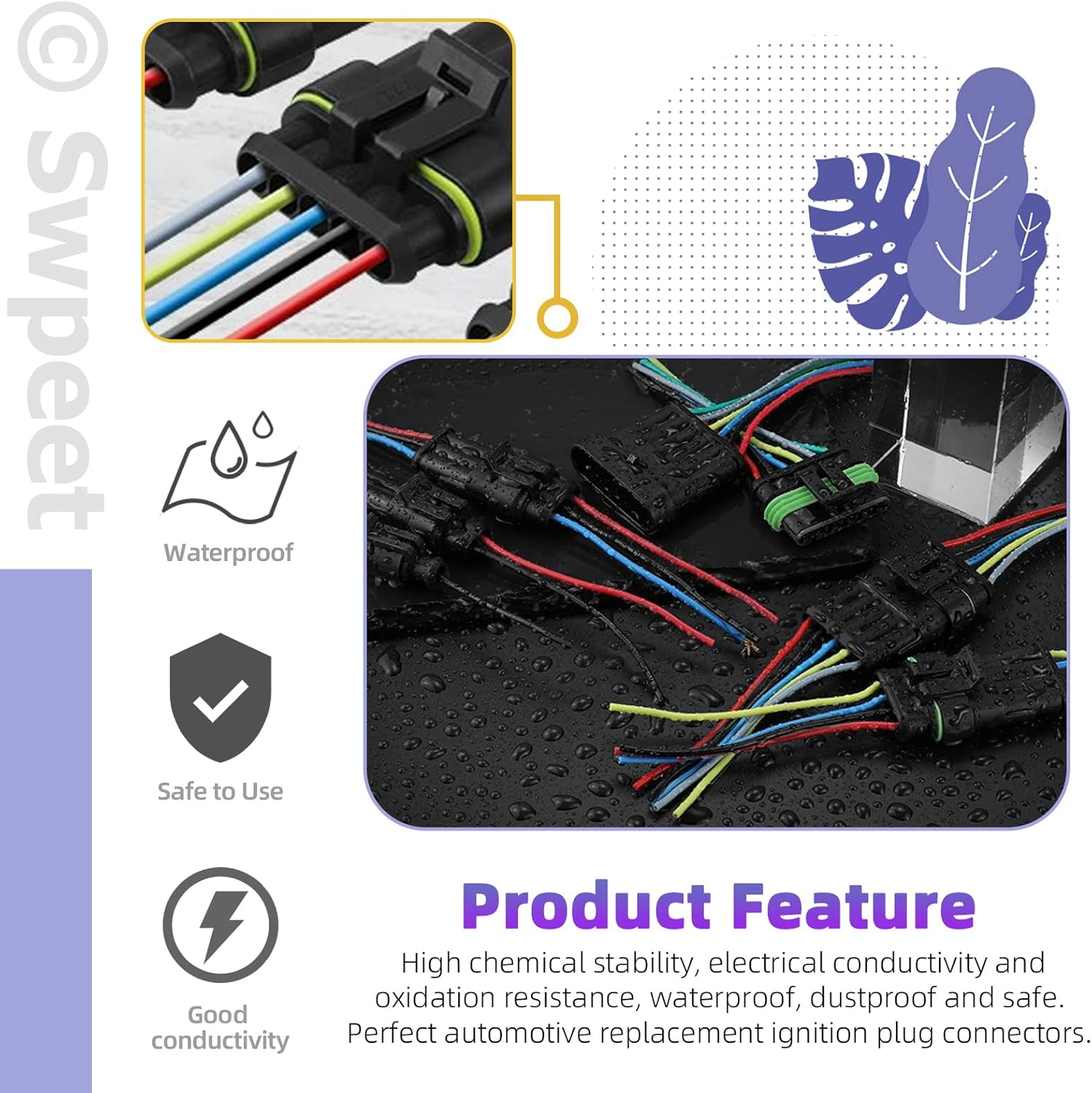 Swpeet 60Pcs 2Pin Male & Female Pin Waterproof Automotive Electrical Wire Connectors Terminals Plug with Rubber Cable Seal Assortment Kit, 22-14AWG Wire Harness Spark Plug Terminals Plug image number 4