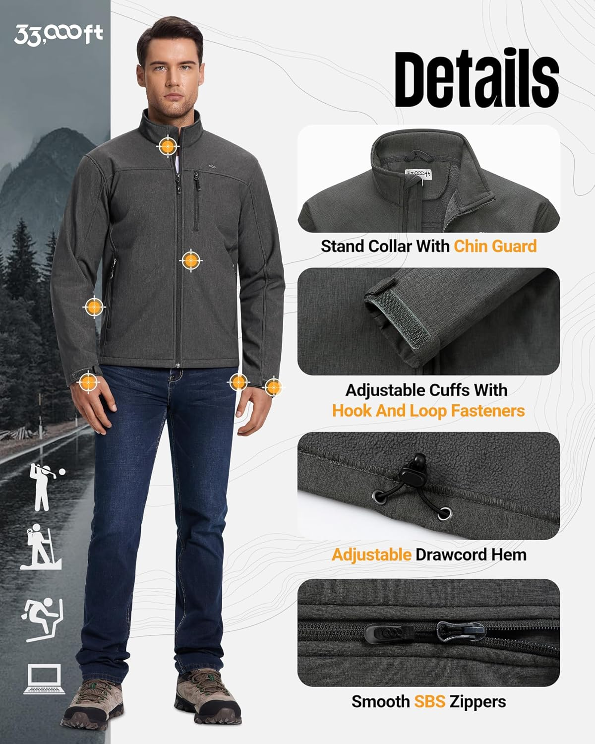 33,000Ft Mens Waterproof Jackets Fleece Lining Softshell Jackets Mens Outdoor Windproof Work Hiking Jackets for Men with Zip Pocket image number 6