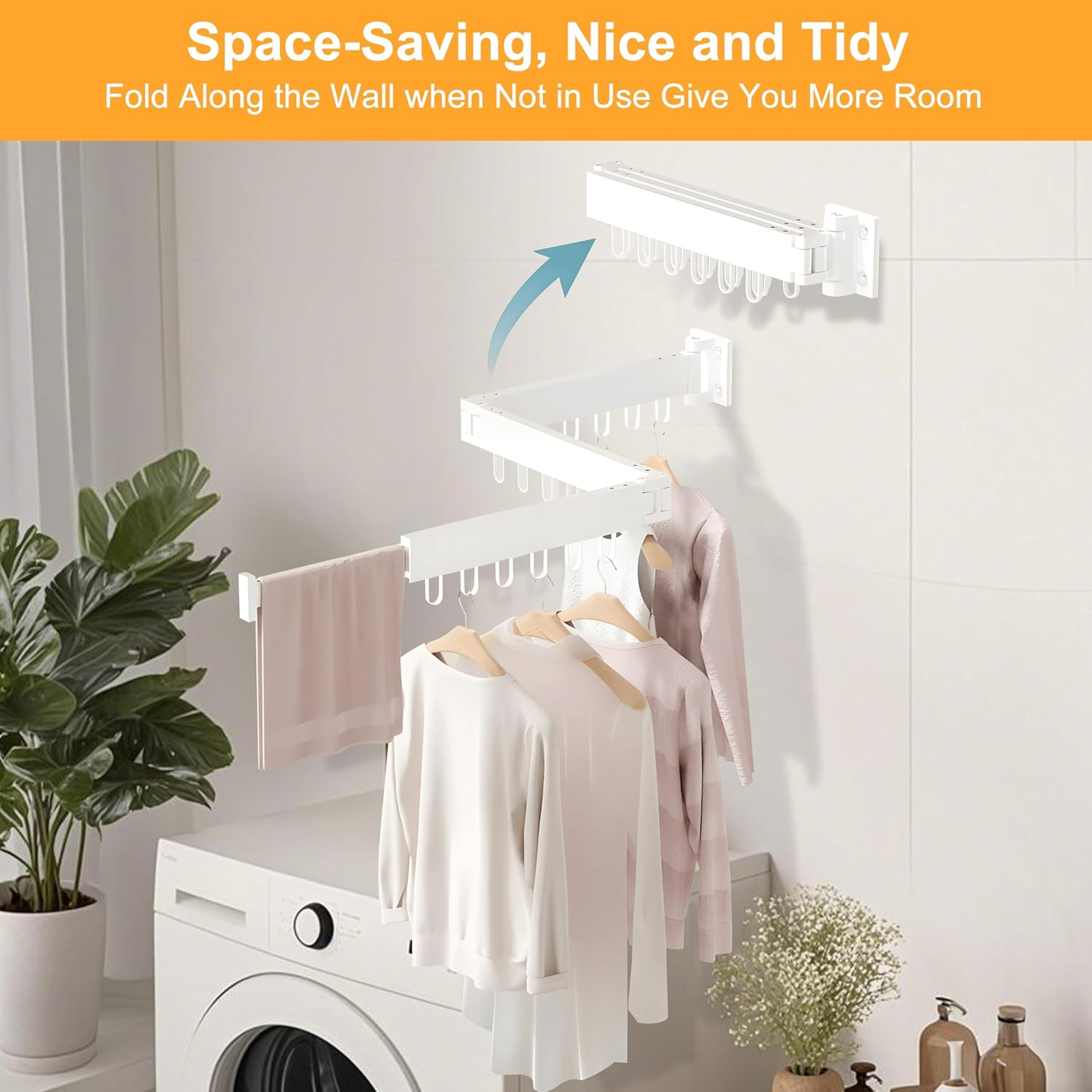 Clothes Drying Rack, Foldable Laundry Drying Rack Wall Mounted, Heavy Duty Space Saving Wall Clothing Rack, Collapsible (Tri-Fold), Retractable Rack Outdoor Indoor with Hooks, White image number 3