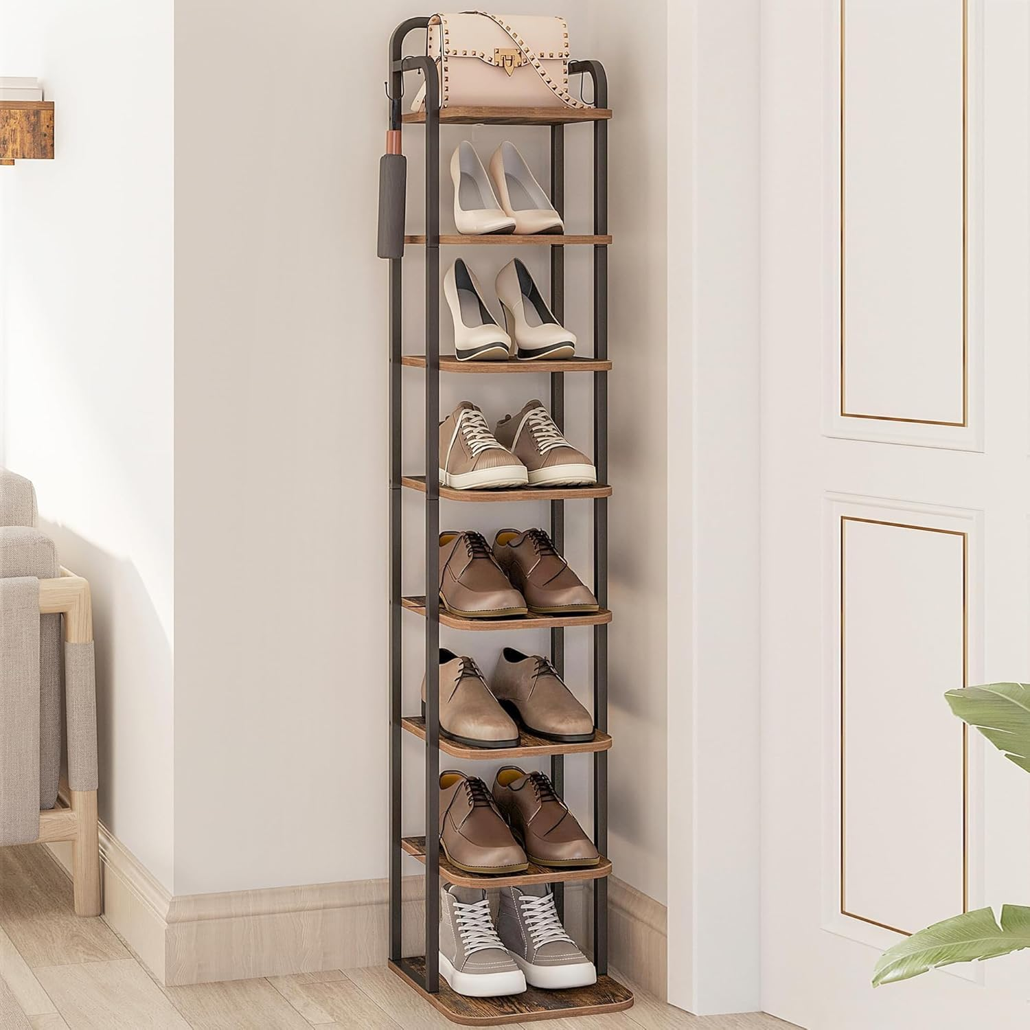 Hzuaneri Vertical Shoe Rack, Shoe Shelves, Wood Shoe Organizer for Closet, Entryway, Shoe Tower for Small Spaces, Free Standing, Adjustable, with 2 Hooks, 8 Tier Rustic Brown SR04301B image number 4