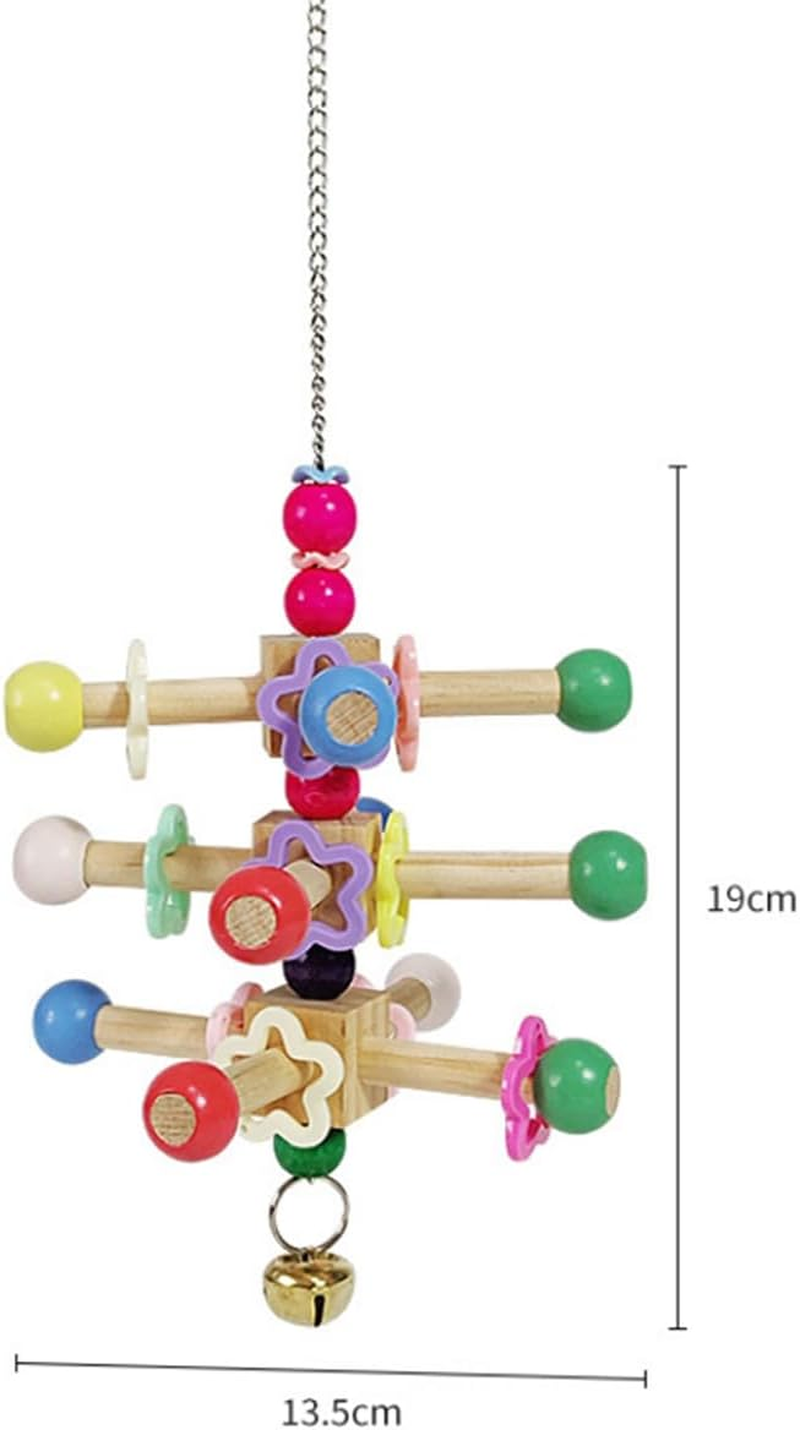 Bird Wooden Stand Perch Toys, Interactive Rotatable Parrot Chewing Toys with Bead Colorful Bell for Birds Parakeet Climb and Play