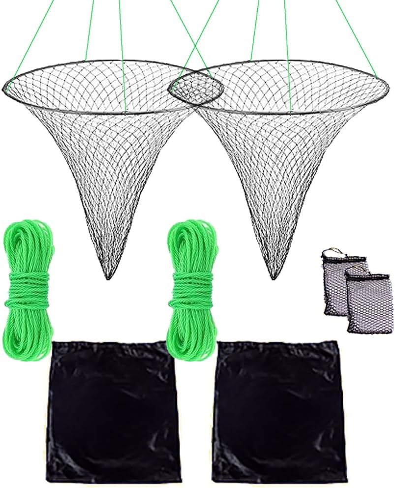 2-Pack Foldable Fishing Drop Nets - Soft Steel Hoop & Nylon Mesh Nets with Rope for Bridge/Pier Fishing, Comes with Storage Bag and Bait Bag (Easy Storage)