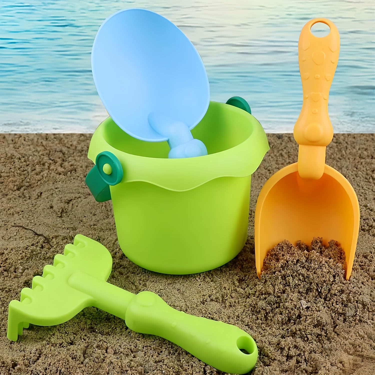 8 Pcs Buckets and Spades Beach Sand Pit Toys for Kids, Beach Water Play Sandbox Toys Set with Mesh Bag Sand Molds Shovel for Kids Boys Girls Travel Summer Outdoor image number 6