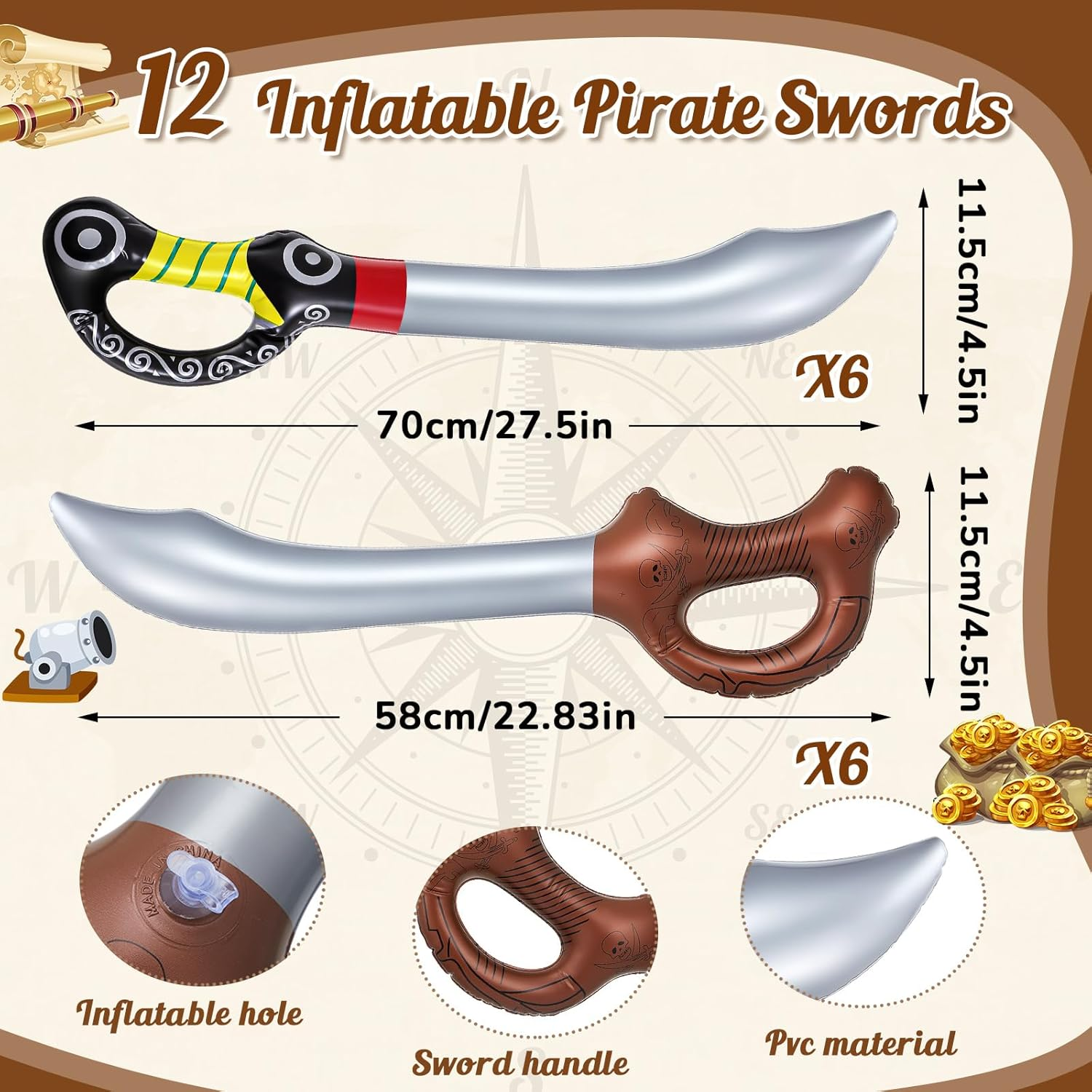 Cunhill 14 Pcs Inflatable Pirate Ship Drink Cooler Treasure Chest Set Party Decoration 1 PC Pirate Ship 1 PC Blow up Treasure Chest 12 Pcs Sword for Kid Birthday, Pool, Carnival Mardi Gras Party image number 3