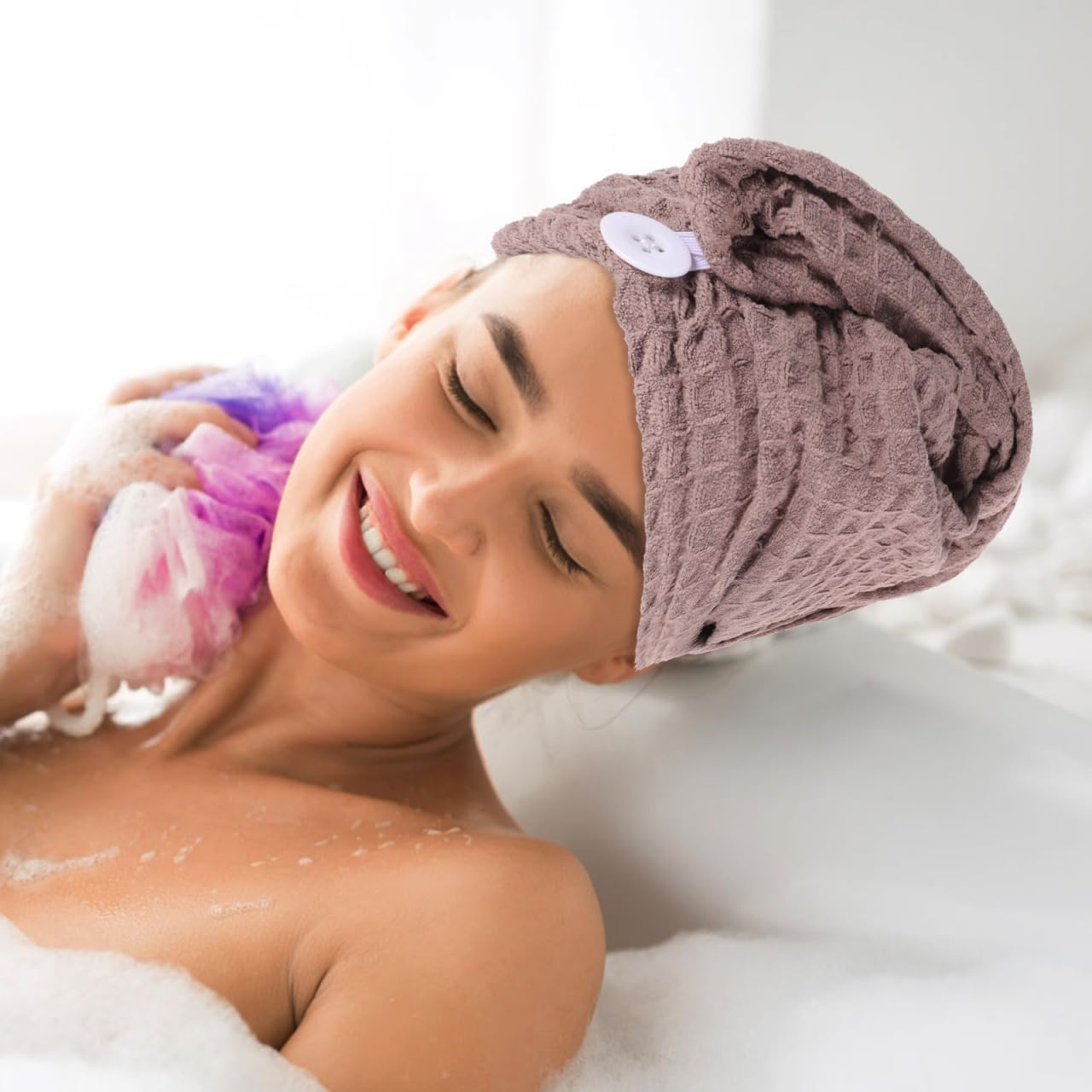 TOVINANNA Hair Drying Towel Wrap for Wet Hair with Button Closure Quick Absorbent Microfibre Turban Towel for Home Spa Use - Assorted Color image number 2