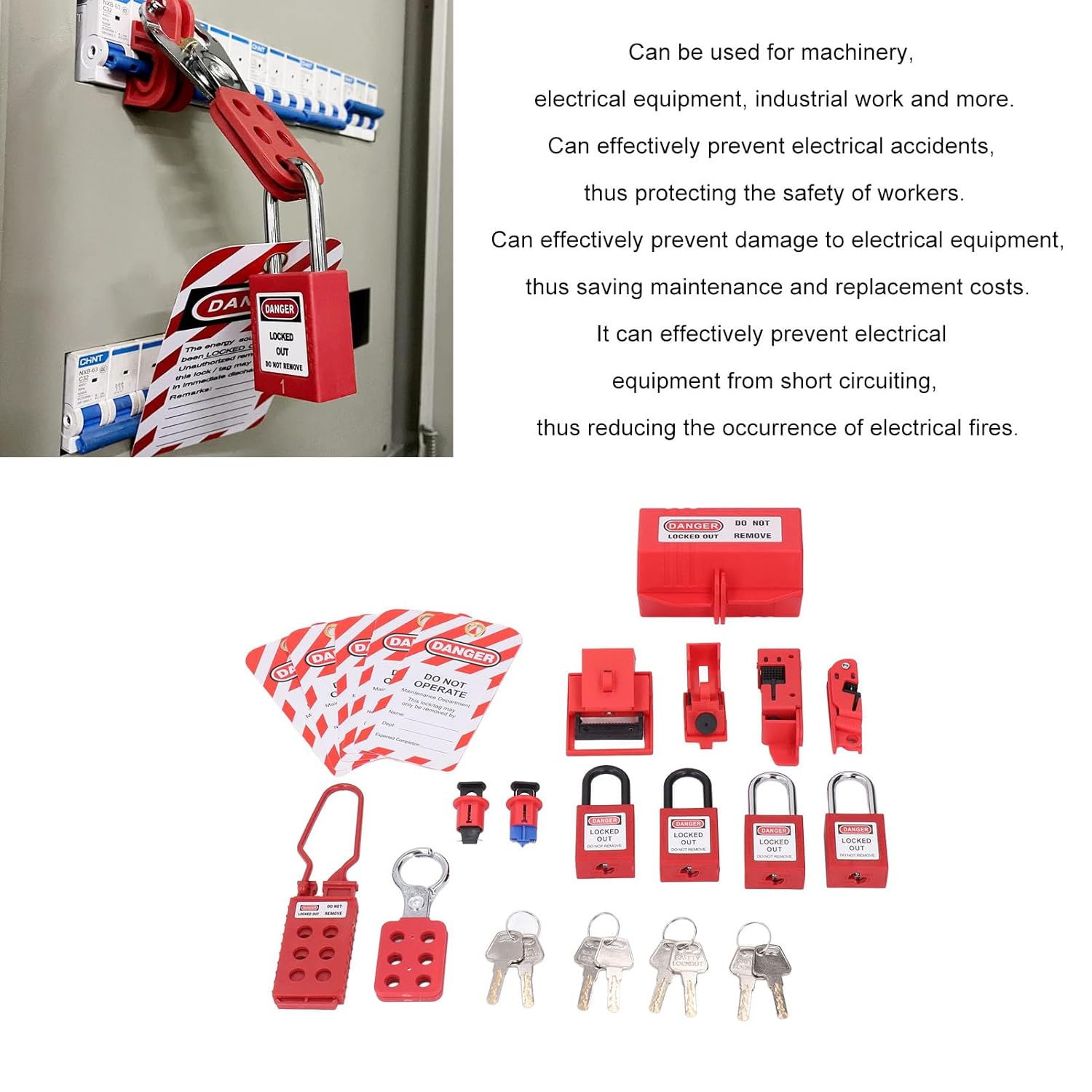 Electrical Lockout Tagout Kit, Circuit Breaker Lockout, Safety Locks with Hanging Tags Keys and Storage Bag for to Manage Electrical Equipment image number 5