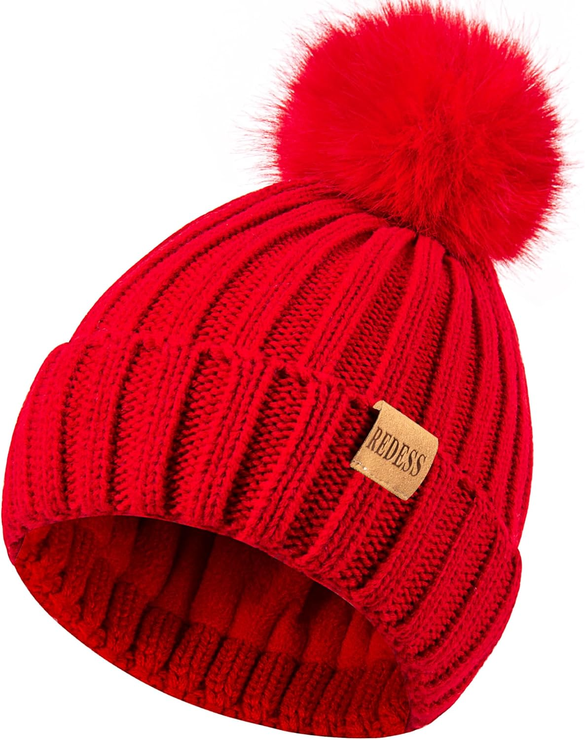 REDESS Womens Winter Knitted Beanie Hat Warm Fleece Lined with Pompom Cap Thick Slouchy Snow Knit Skull Ski Cap - Black image number 4