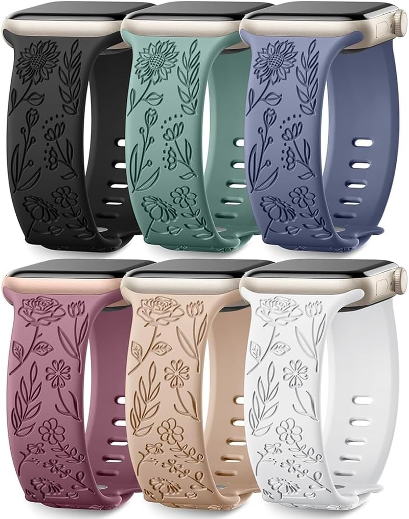 6 Pack Floral Engraved Bands Compatible with Apple Watch Band 40Mm 38Mm 41Mm 42Mm 44Mm 45Mm 49Mm Women, Silicone Soft Cute Flower Pattern Strap for Iwatch Series Ultra Ultra 2 SE 9 8 7 6 5 4 3 2 1