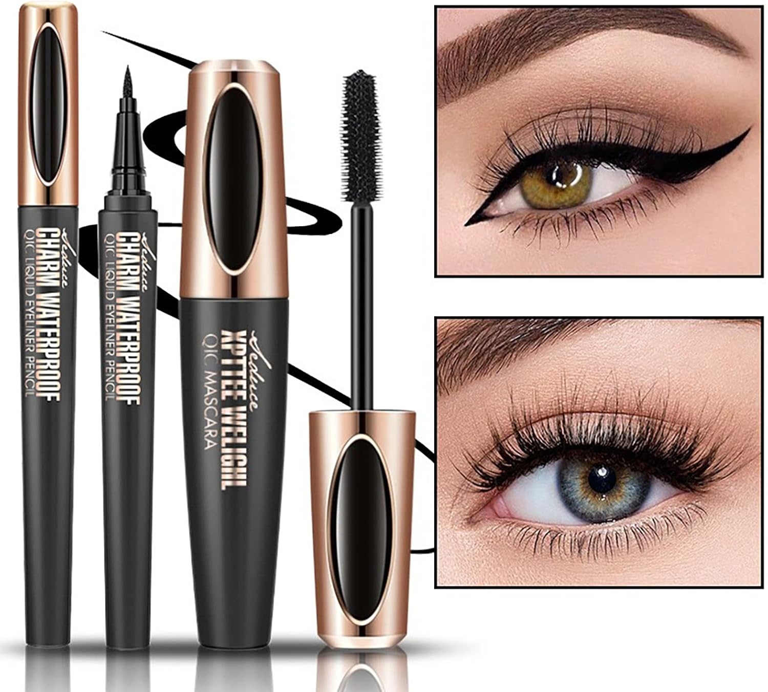 Black Waterproof Mascara & Eyeliner Set, 4D Silk Fiber Lash Extensions Colored Tubing Mascara Volume and Length, Long-Lasting Smudge-Proof Voluminous Mascara and Liquid Eyeliner Pen Set#001 image number 6