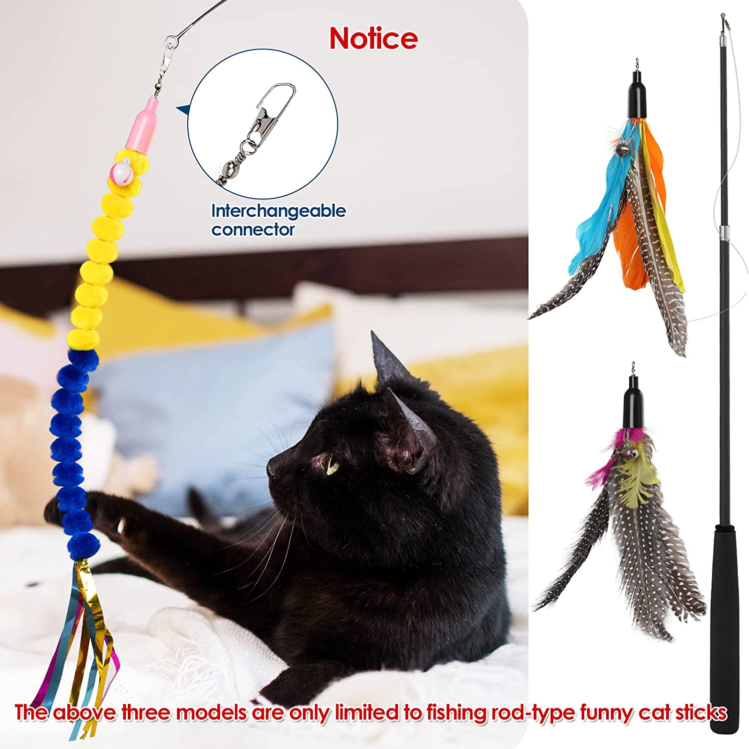 Simpeak 12PCS Cat Toys Feather Teaser Cat Toy, 2PCS Retractable Cat Wand Toys Cat Feather Sucker Toy, 10PCS Replacement Kitten Toys Interactive Catcher Teaser and Funny Exercise for Cats image number 5